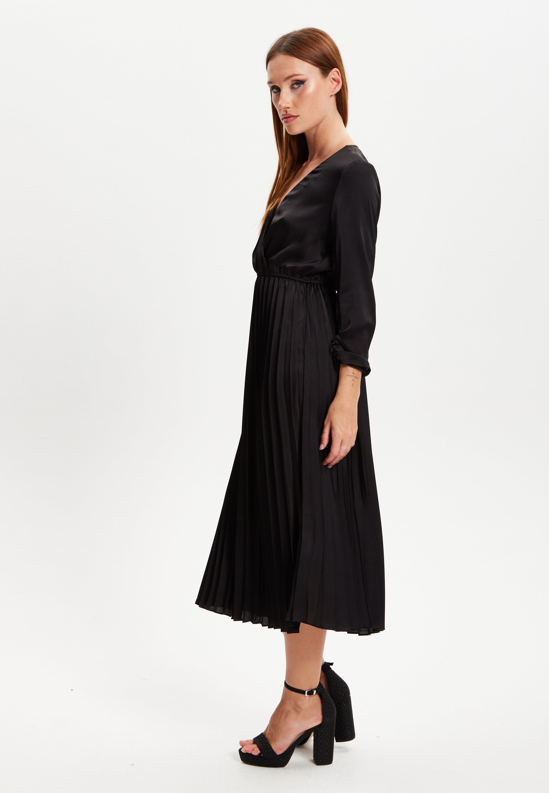 Women's Midi Dress with Pleat Details in Black, V Neck and Sleeveless Design, by Liquorish