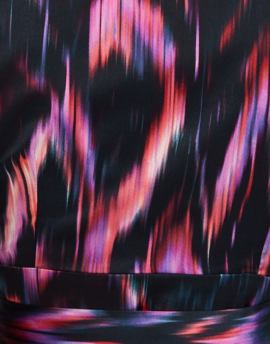 Women's Abstract Ikat Top in Black with Vibrant Feather Print, Long Balloon Sleeves, Button-Up High Neck Collar.