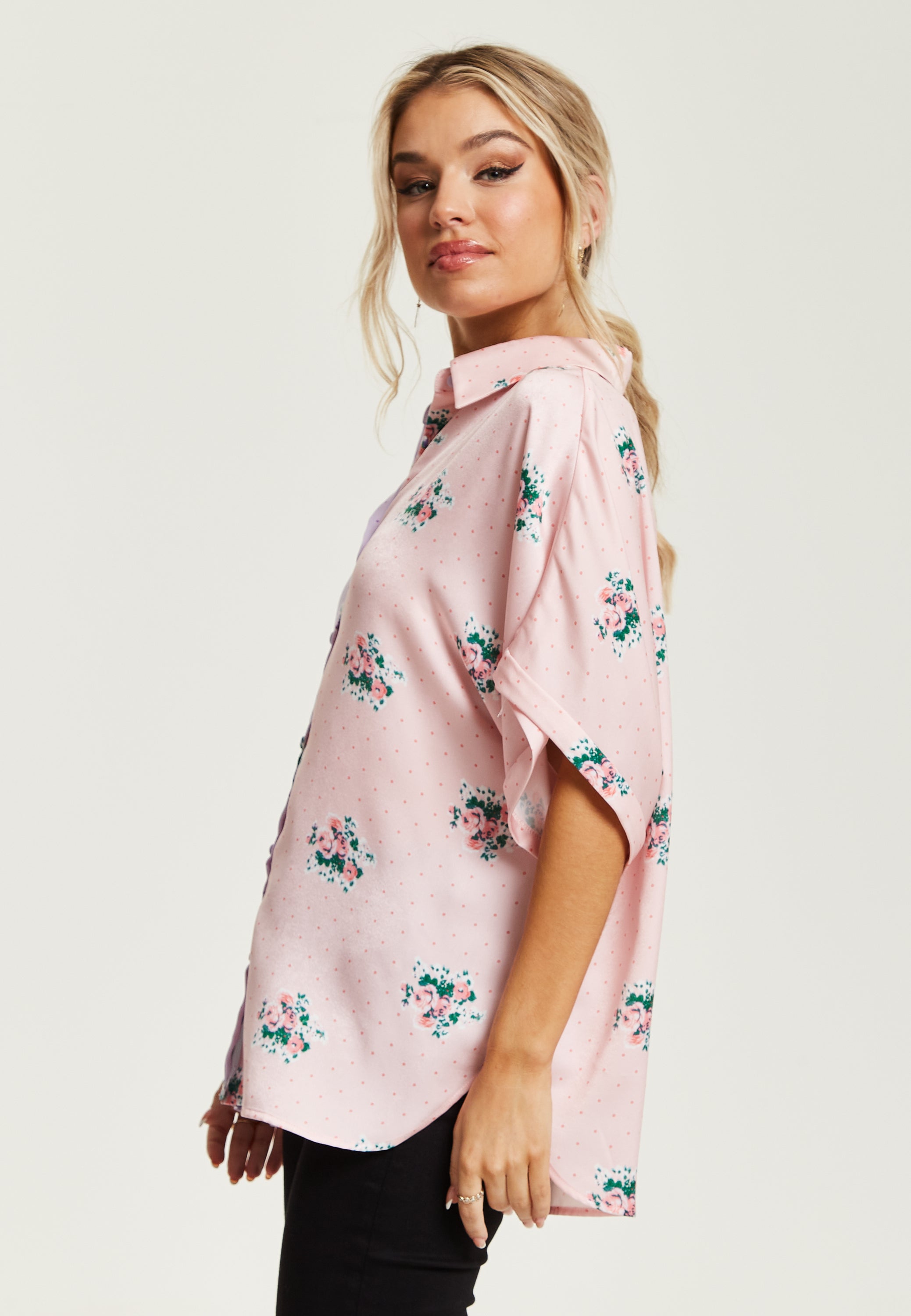 Women's Pink And Lilac Floral Print Shirt With Short Sleeves, Button Up Front, Regular Fit, Shirt Collar