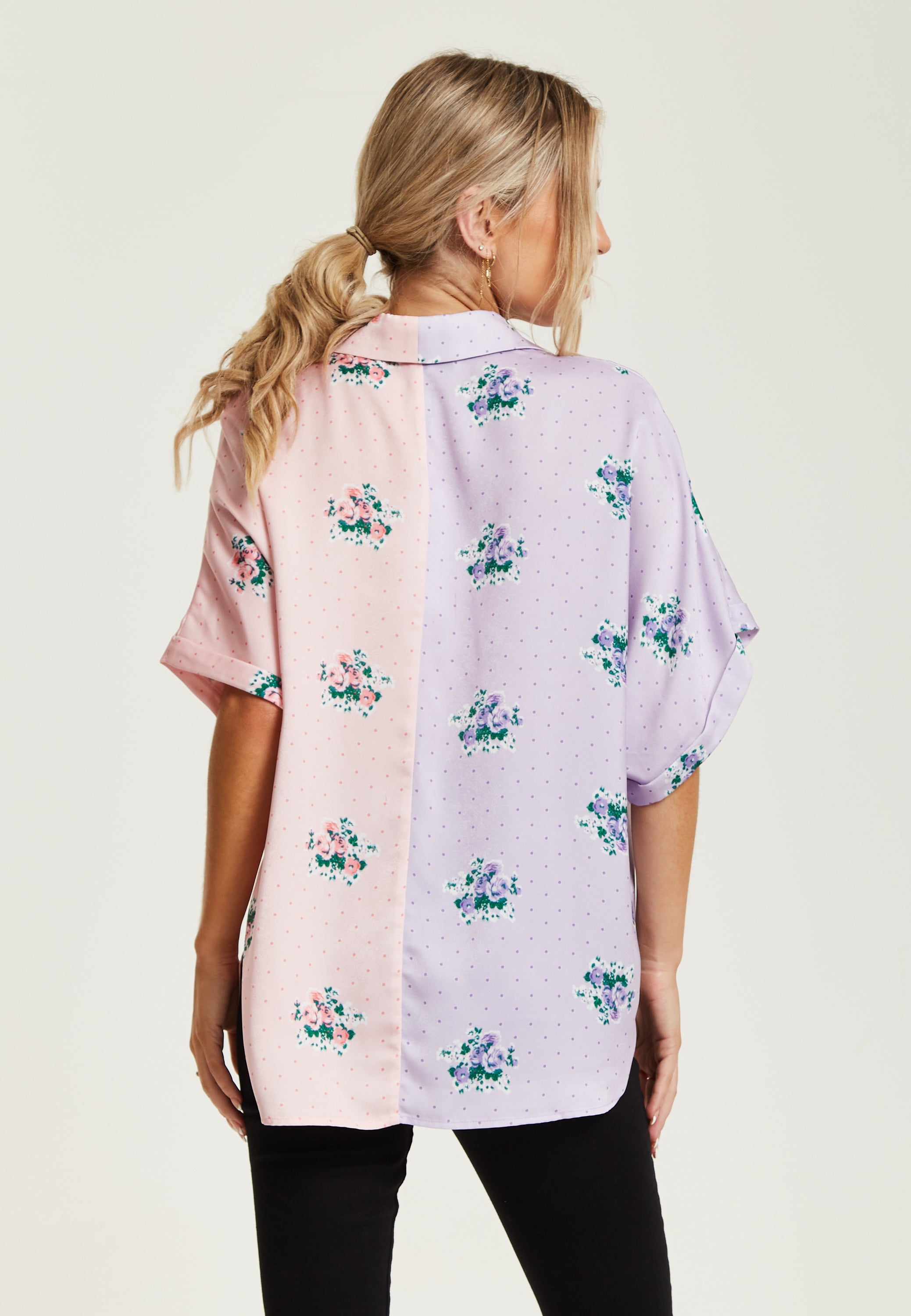 Women's Pink And Lilac Floral Print Shirt With Short Sleeves, Button Up Front, Regular Fit, Shirt Collar