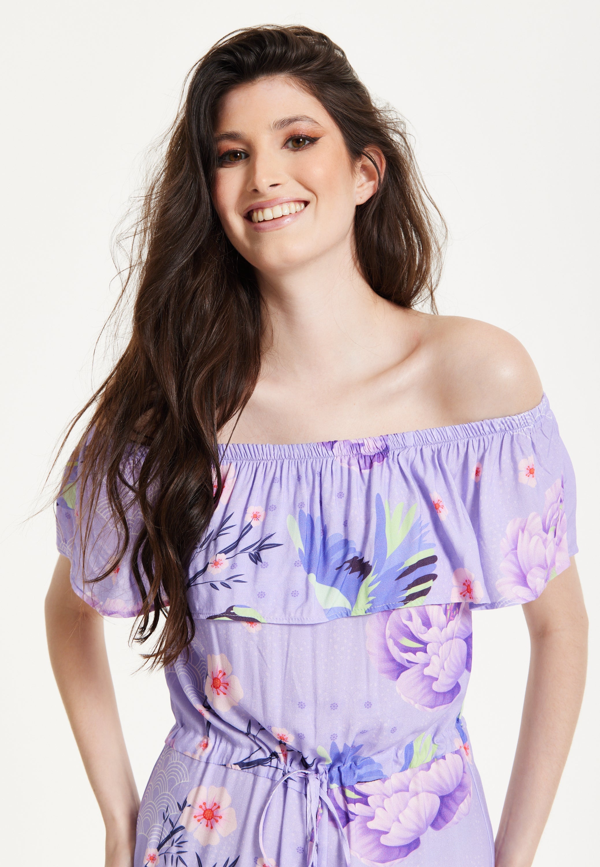 Lilac Floral Off Shoulder Maxi Dress