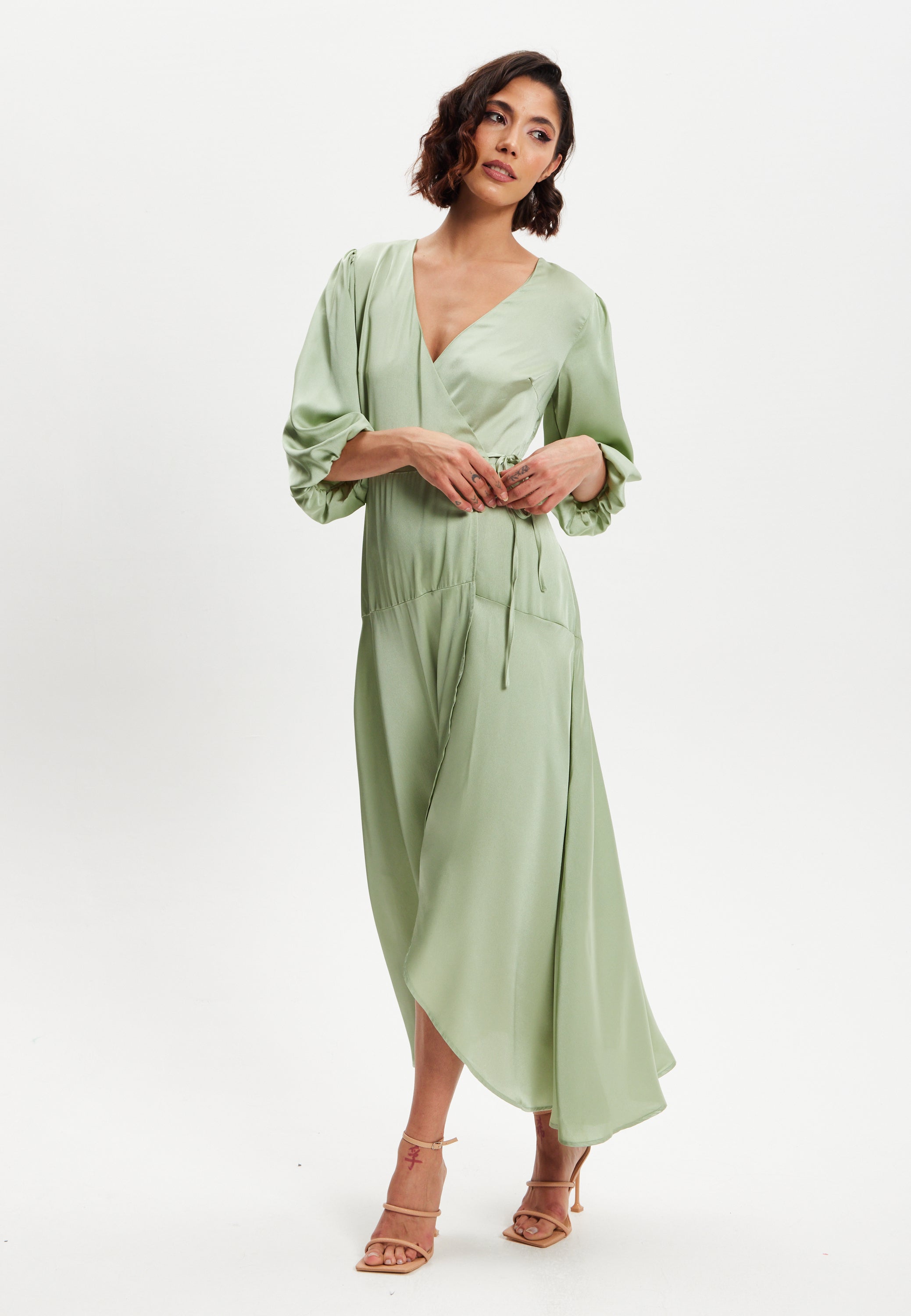 Women's Midi Wrap Dress in Sage Green with Short Puff Sleeves - Elegant Style and Comfort by Liquorish