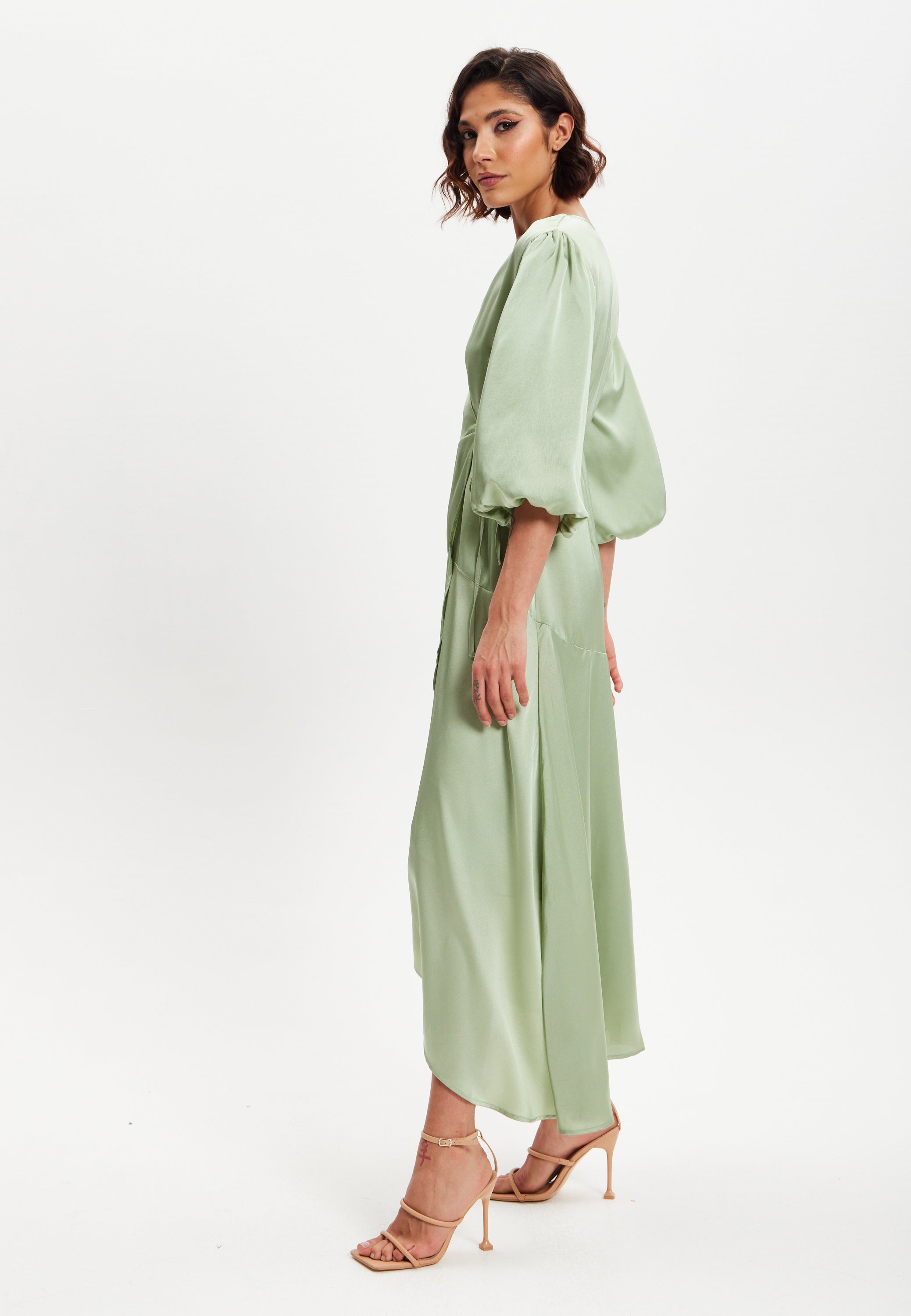 Women's Midi Wrap Dress in Sage Green with Short Puff Sleeves - Elegant Style and Comfort by Liquorish