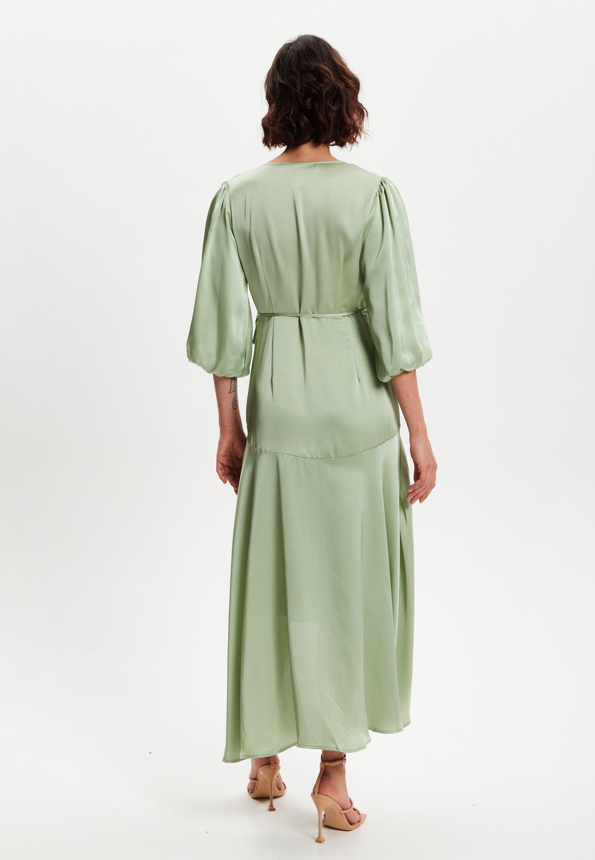 Women's Midi Wrap Dress in Sage Green with Short Puff Sleeves - Elegant Style and Comfort by Liquorish