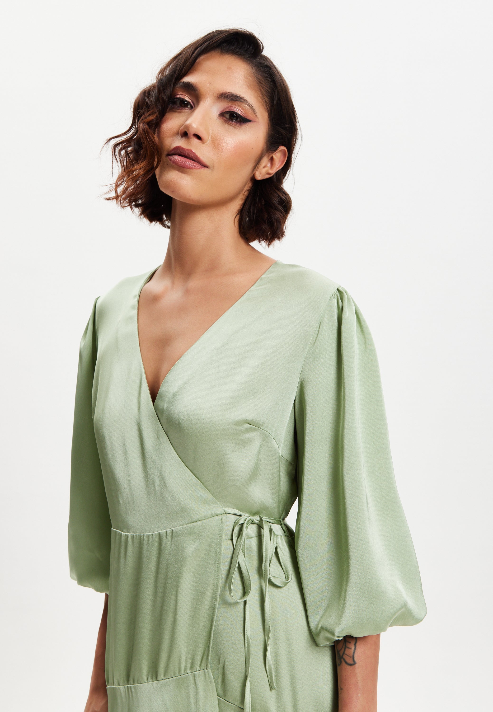 Women's Midi Wrap Dress in Sage Green with Short Puff Sleeves - Elegant Style and Comfort by Liquorish