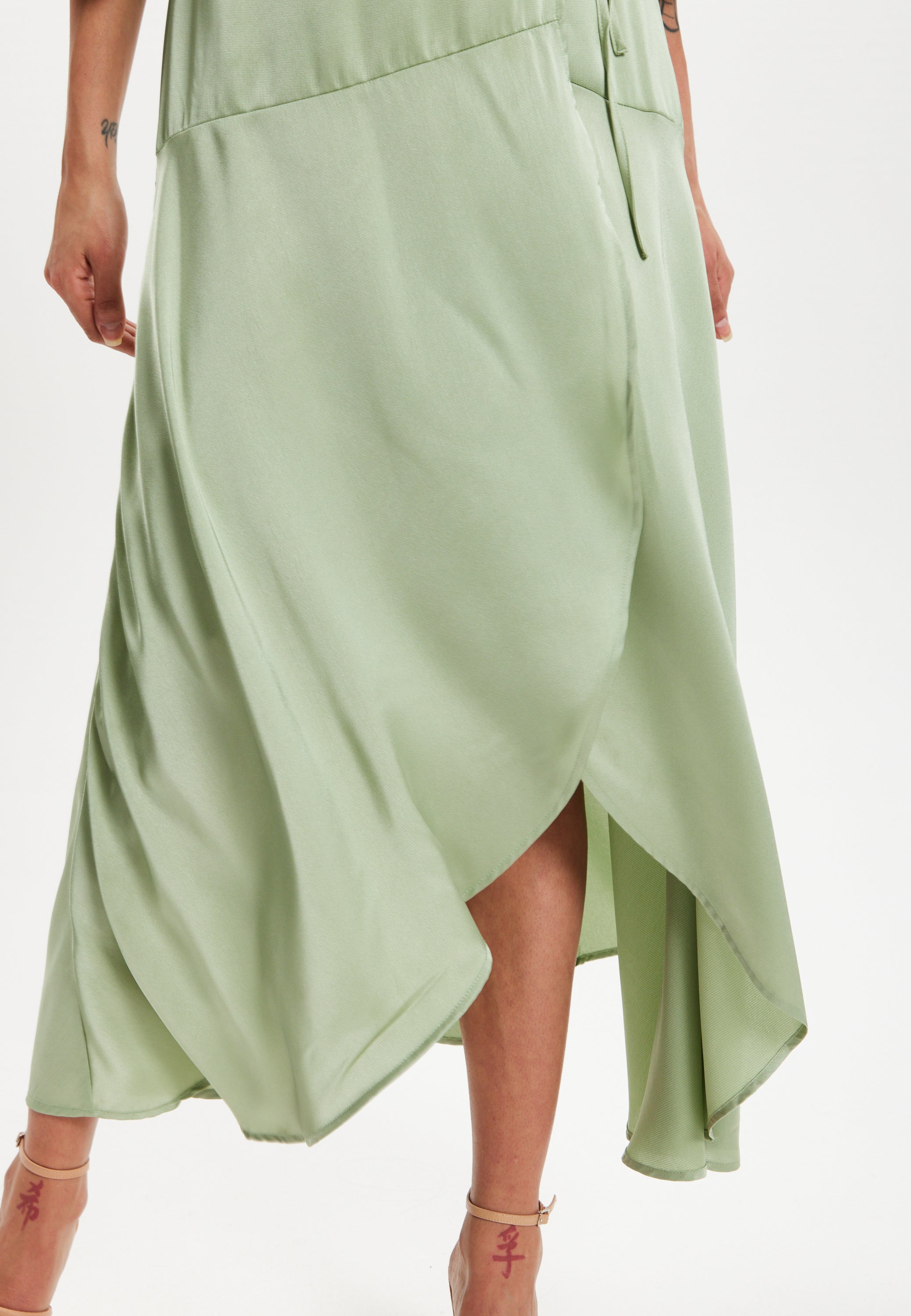 Women's Midi Wrap Dress in Sage Green with Short Puff Sleeves - Elegant Style and Comfort by Liquorish