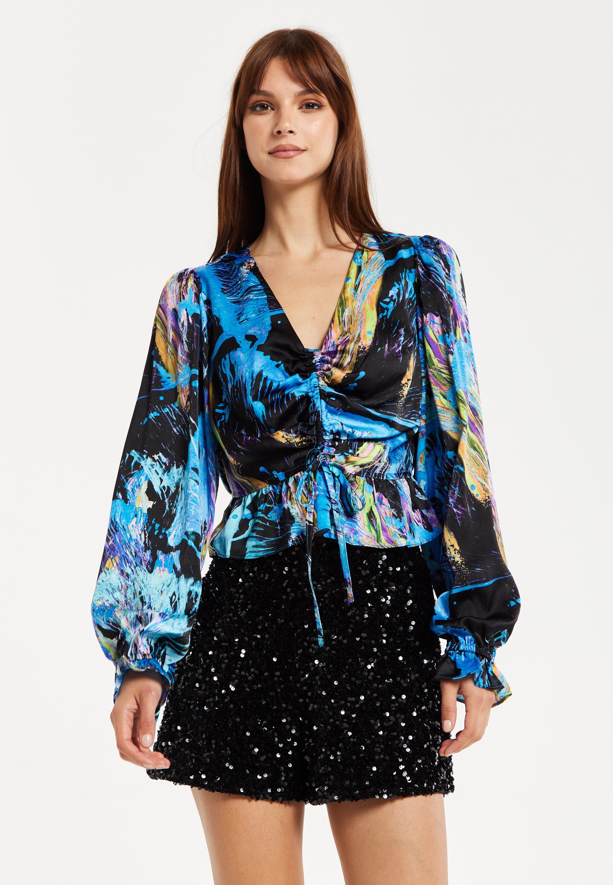 Women’s Multicolour Abstract Print Top - V Neck, Ruched Front, Crop Fit, Long Sleeves, Frill Details
