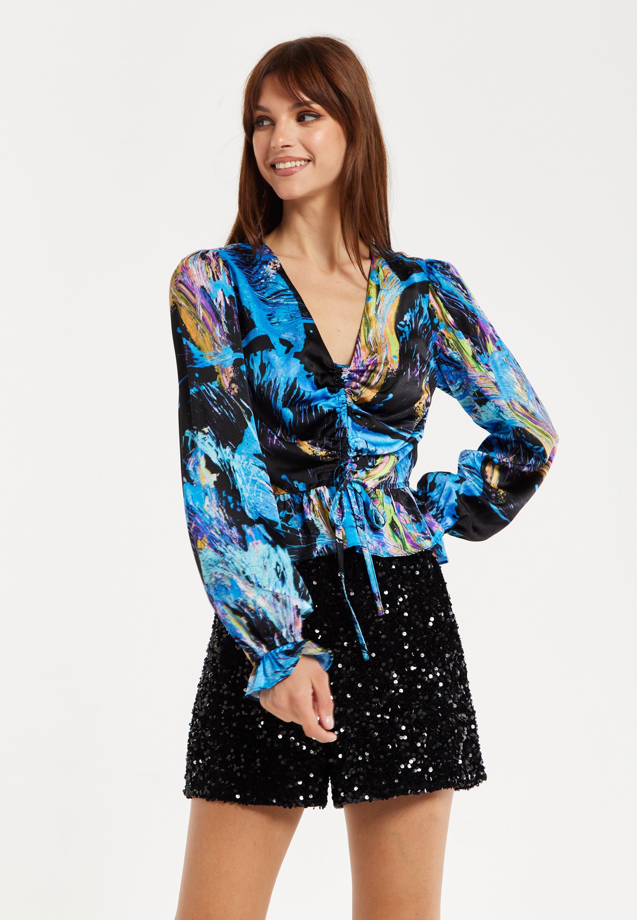 Women’s Multicolour Abstract Print Top - V Neck, Ruched Front, Crop Fit, Long Sleeves, Frill Details