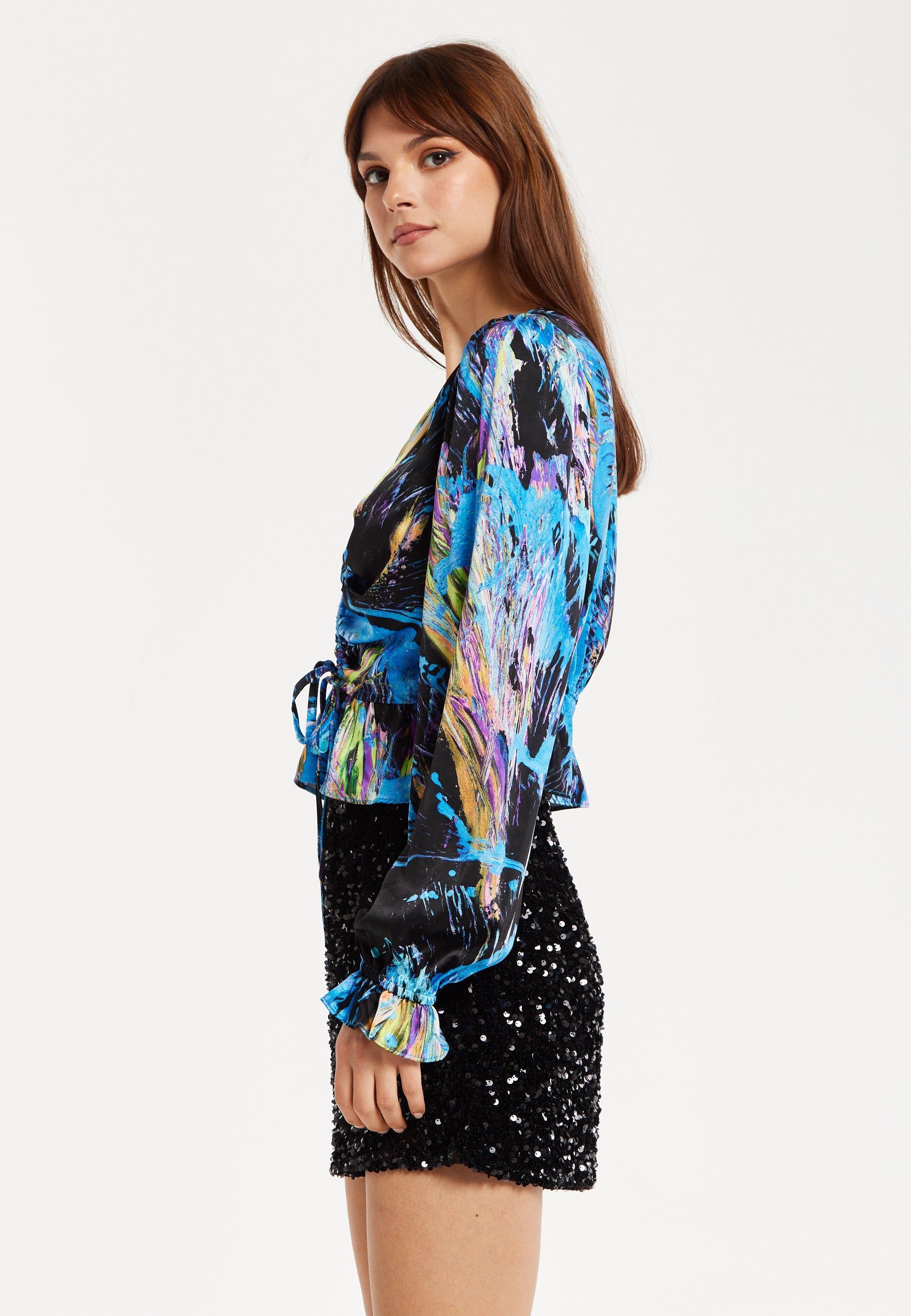 Women’s Multicolour Abstract Print Top - V Neck, Ruched Front, Crop Fit, Long Sleeves, Frill Details
