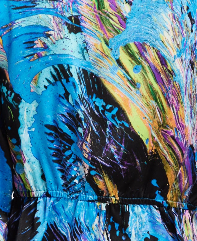 Women’s Multicolour Abstract Print Top - V Neck, Ruched Front, Crop Fit, Long Sleeves, Frill Details