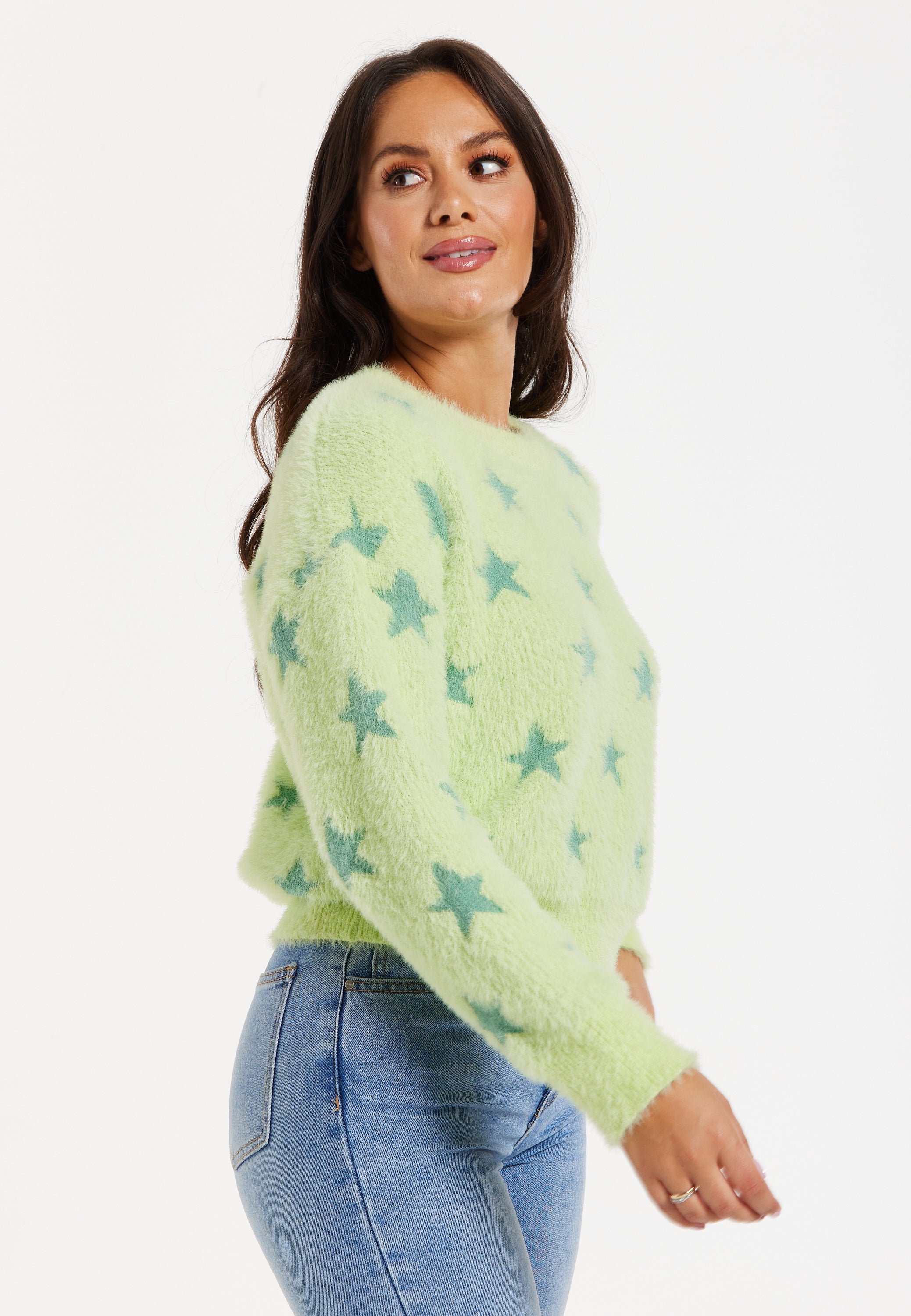 Women's Jumper in Pistachio - Fluffy Long Sleeve with Eye-Catching Star Pattern by Liquorish