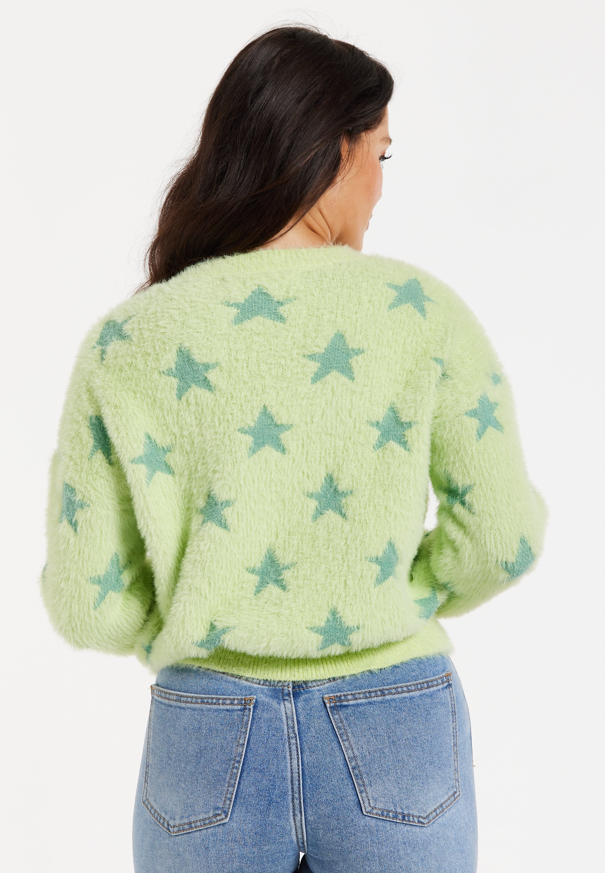 Women's Jumper in Pistachio - Fluffy Long Sleeve with Eye-Catching Star Pattern by Liquorish