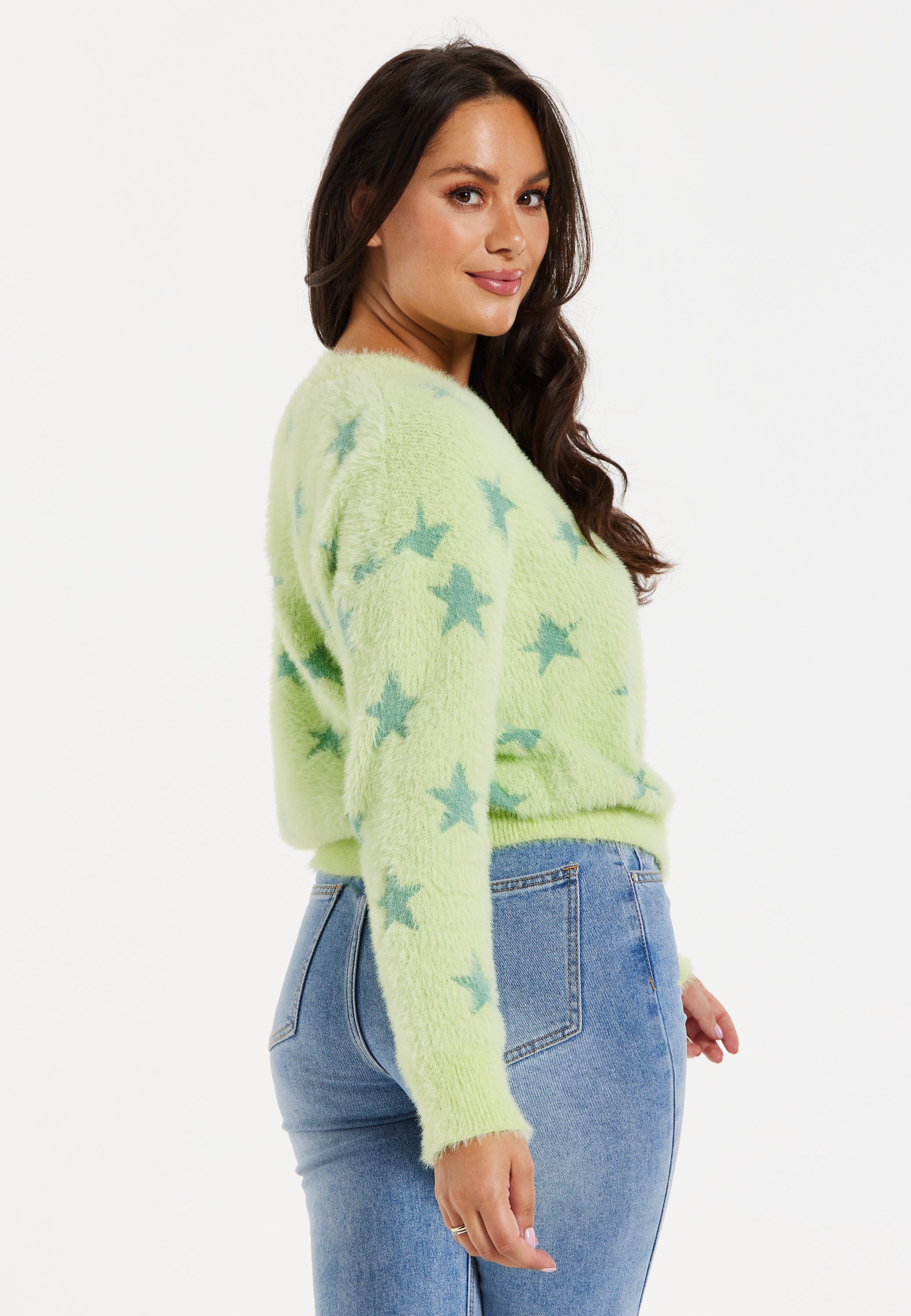 Women's Jumper in Pistachio - Fluffy Long Sleeve with Eye-Catching Star Pattern by Liquorish