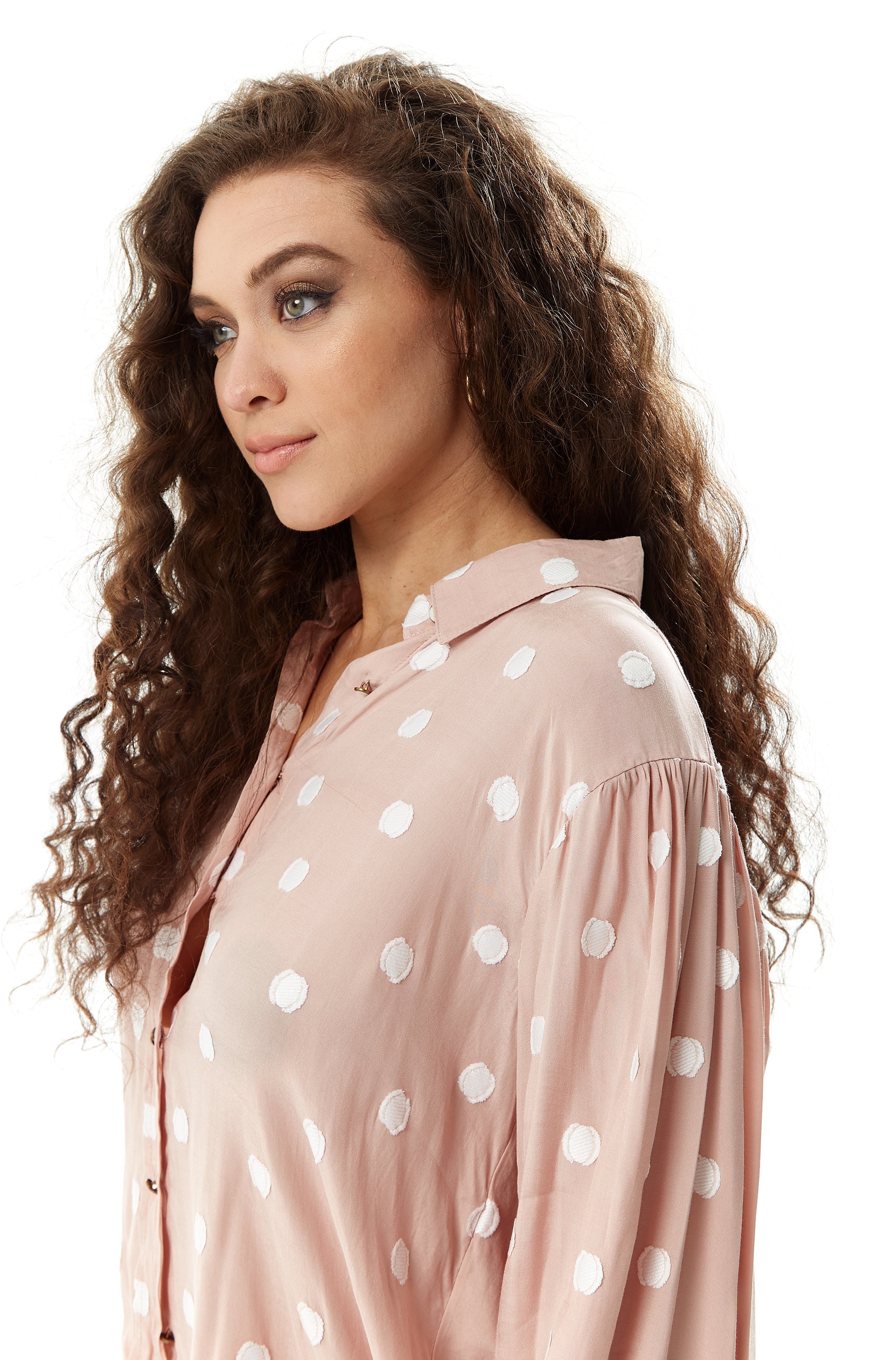 Women's Long Sleeve Nude Polka Dot Button-Up Shirt with Collar - Regular Fit, White Polka Dot Print