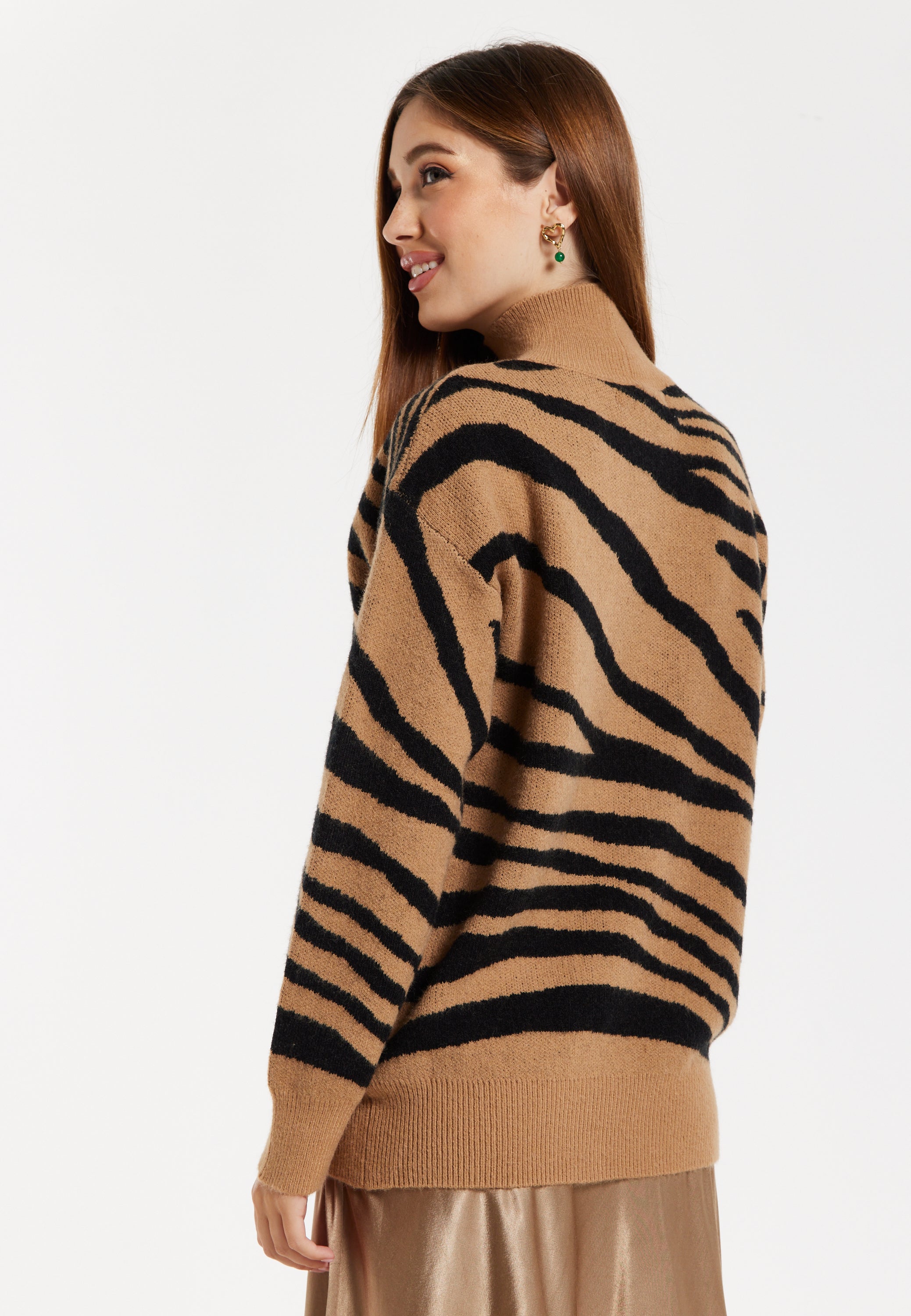 Women's Brown and Black Zebra Pattern High Neck Jumper with Long Sleeves and Relaxed Fit