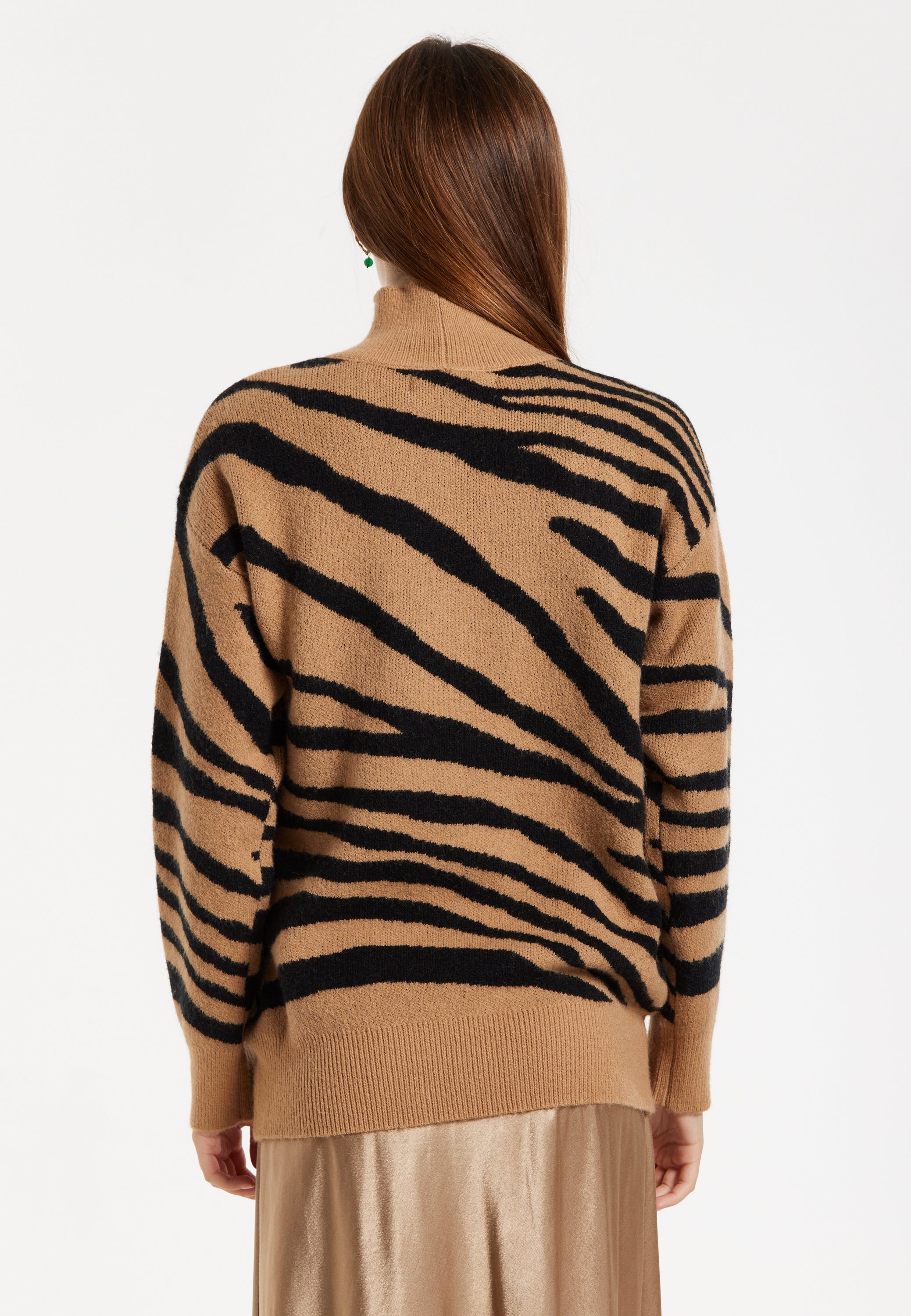 Women's Brown and Black Zebra Pattern High Neck Jumper with Long Sleeves and Relaxed Fit