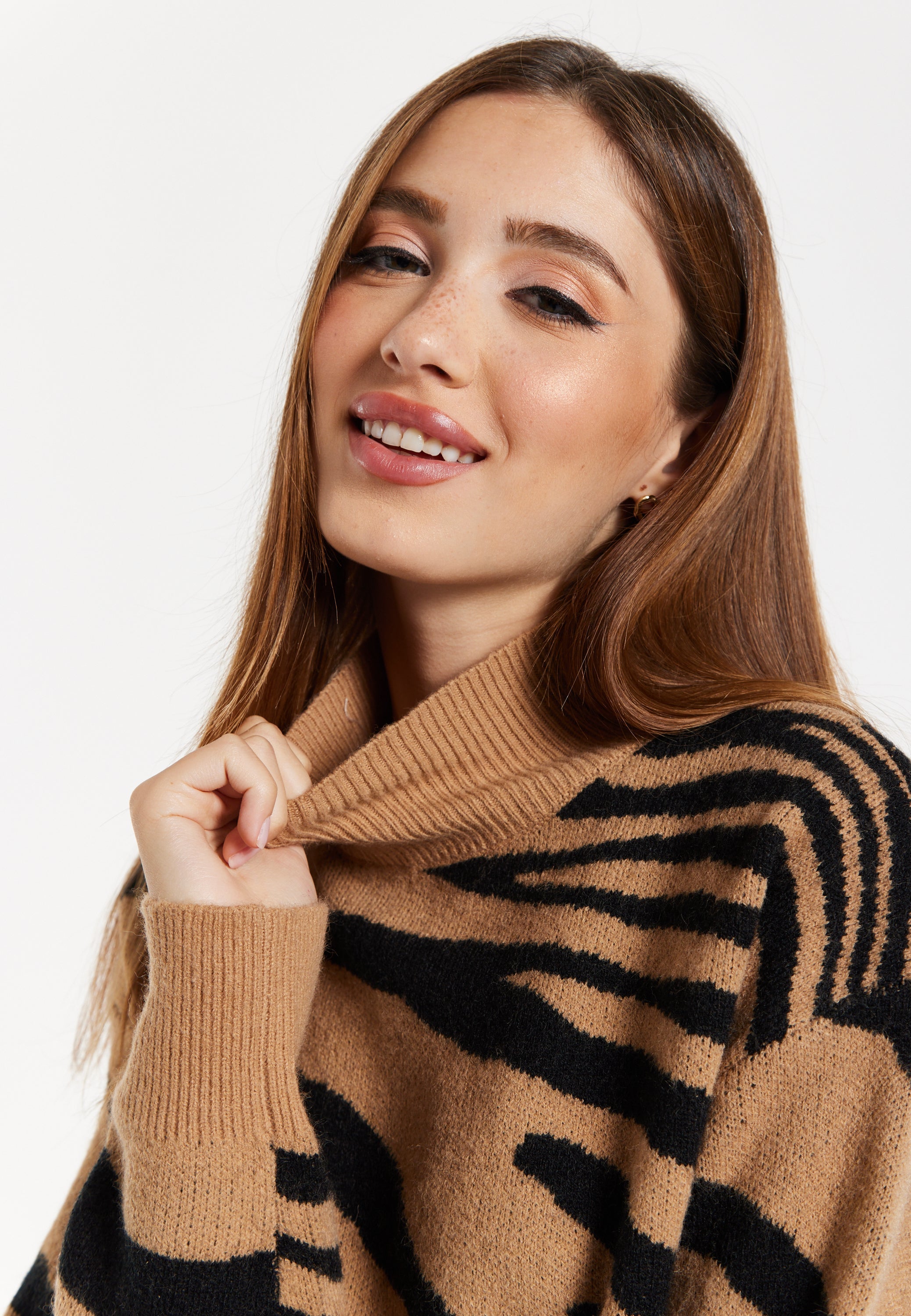 Women's Brown and Black Zebra Pattern High Neck Jumper with Long Sleeves and Relaxed Fit