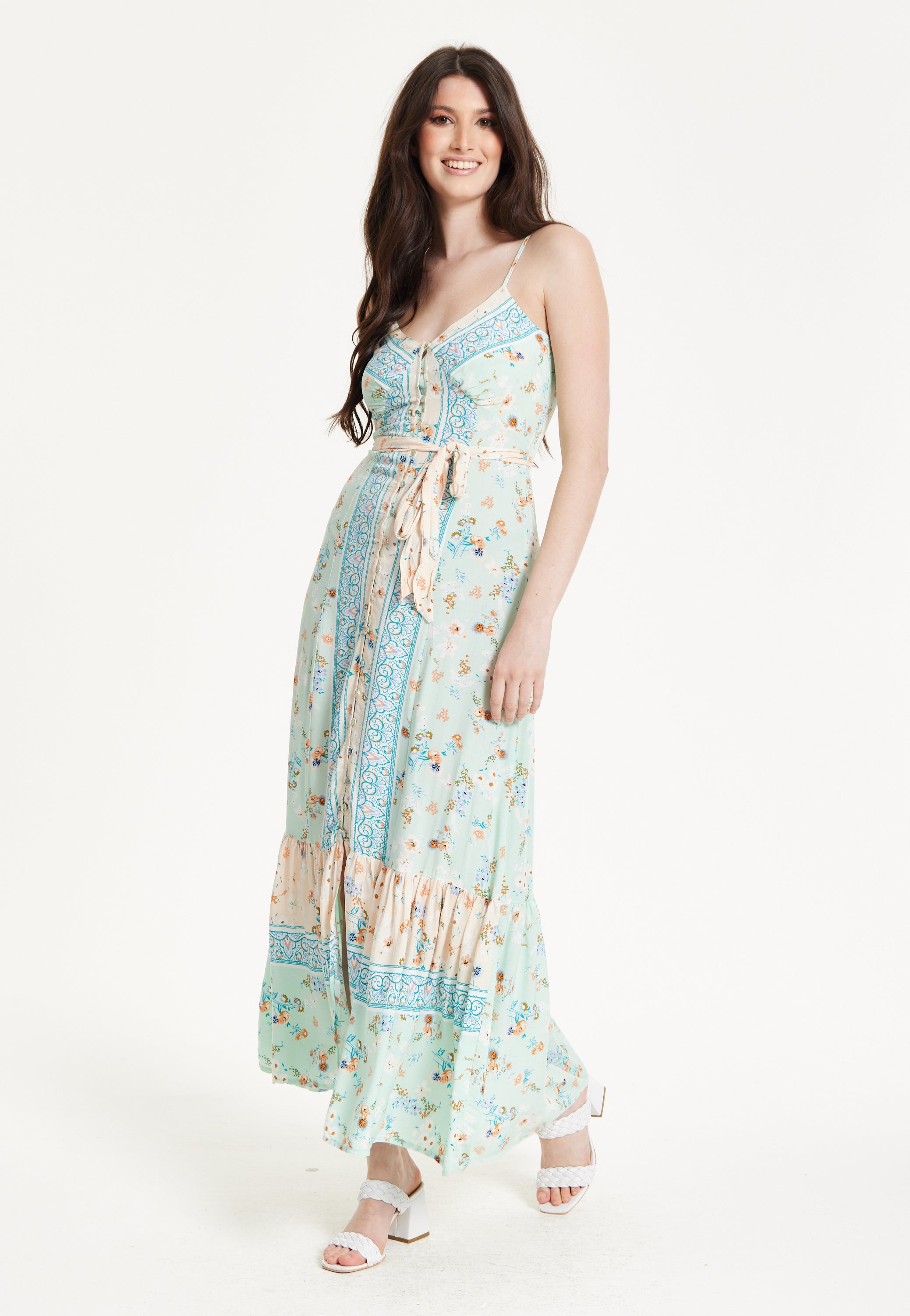 Mint Boho Floral Tie Front Maxi Dress
