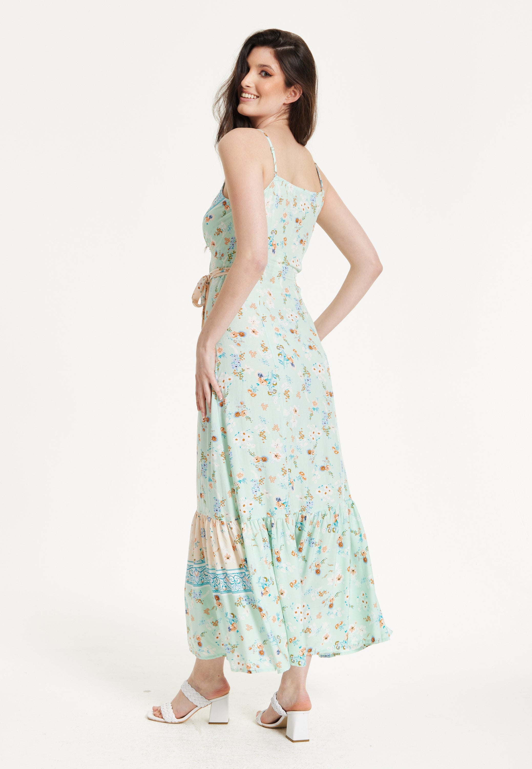 Mint Boho Floral Tie Front Maxi Dress