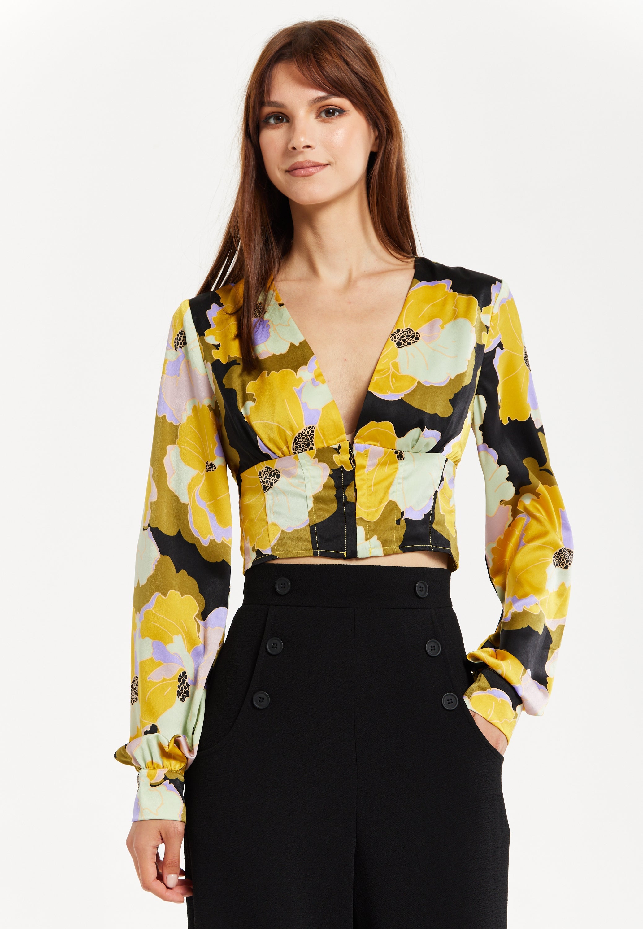Women's Earth Tone Floral Print Structured Crop Top with Long Sleeves, V-Neckline, and Hook & Eye Fastenings