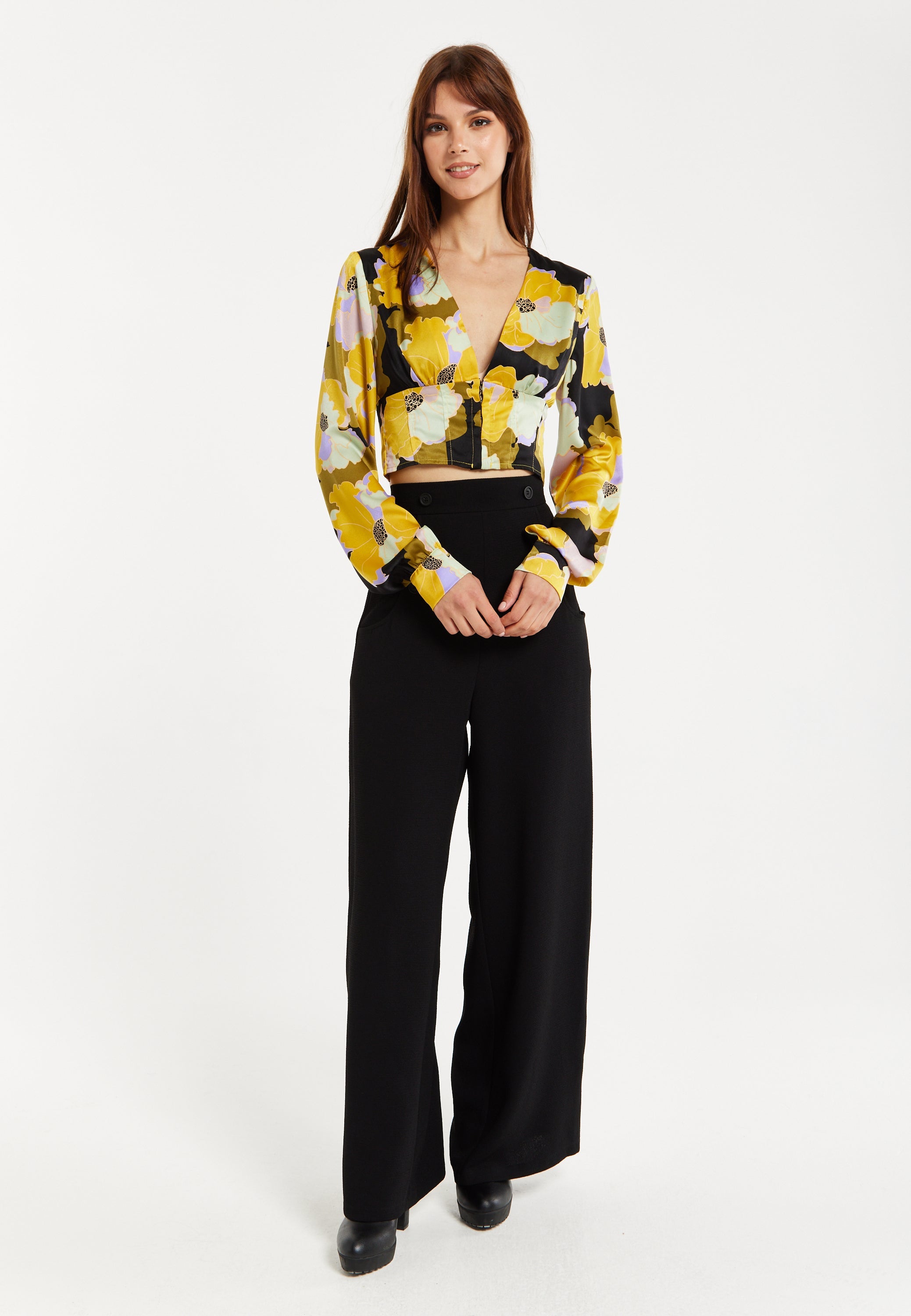 Women's Earth Tone Floral Print Structured Crop Top with Long Sleeves, V-Neckline, and Hook & Eye Fastenings