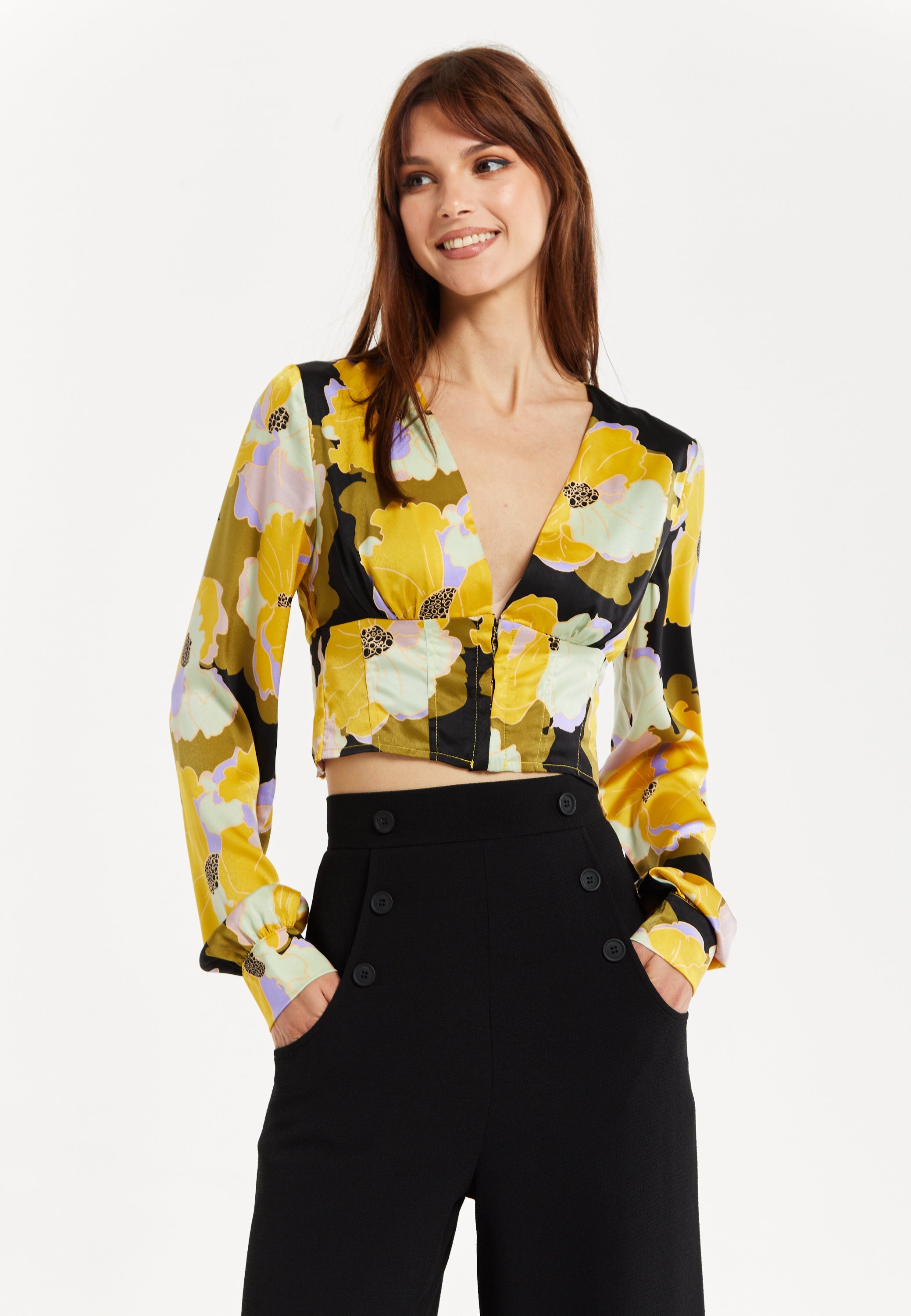 Women's Earth Tone Floral Print Structured Crop Top with Long Sleeves, V-Neckline, and Hook & Eye Fastenings