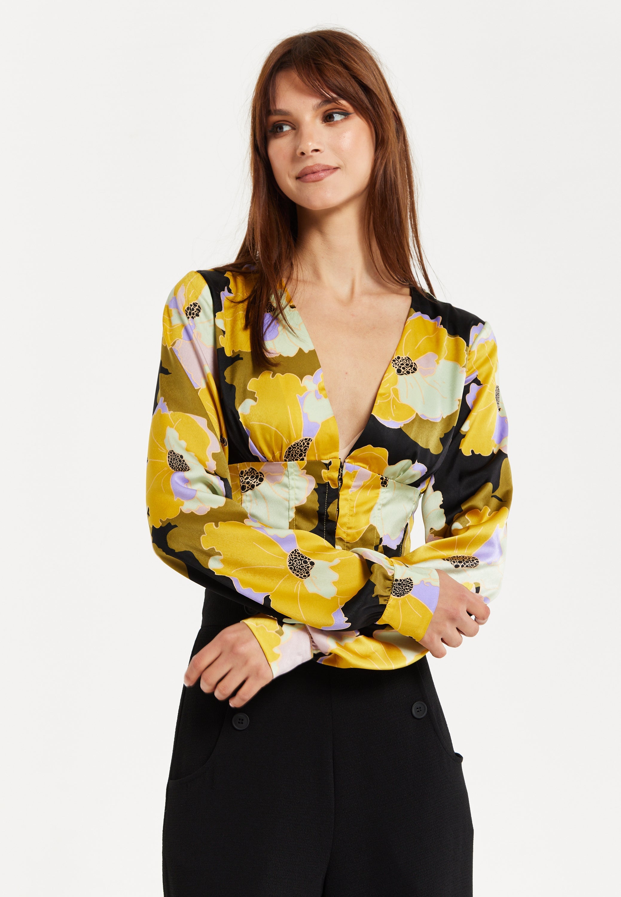 Women's Earth Tone Floral Print Structured Crop Top with Long Sleeves, V-Neckline, and Hook & Eye Fastenings