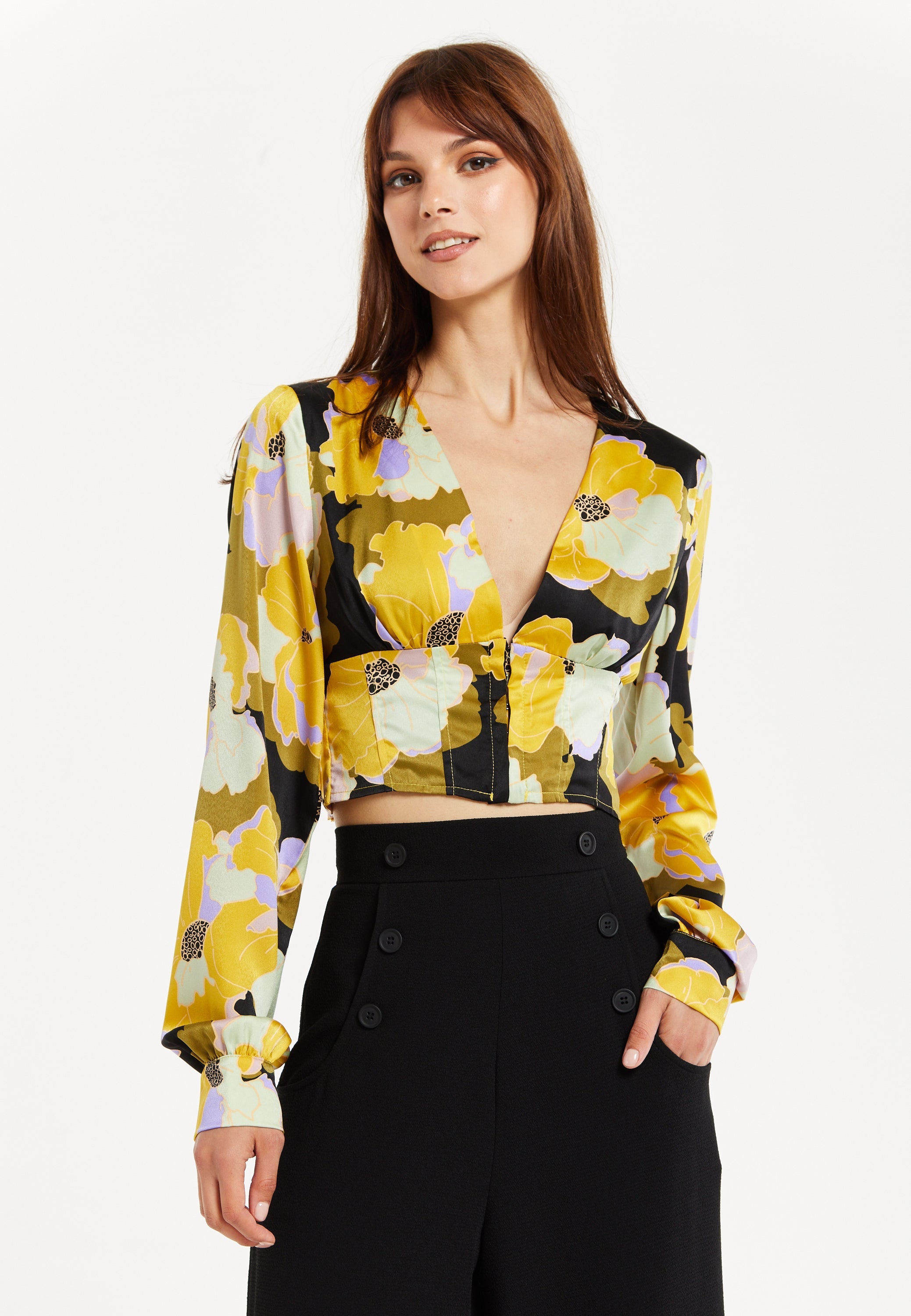 Women's Earth Tone Floral Print Structured Crop Top with Long Sleeves, V-Neckline, and Hook & Eye Fastenings
