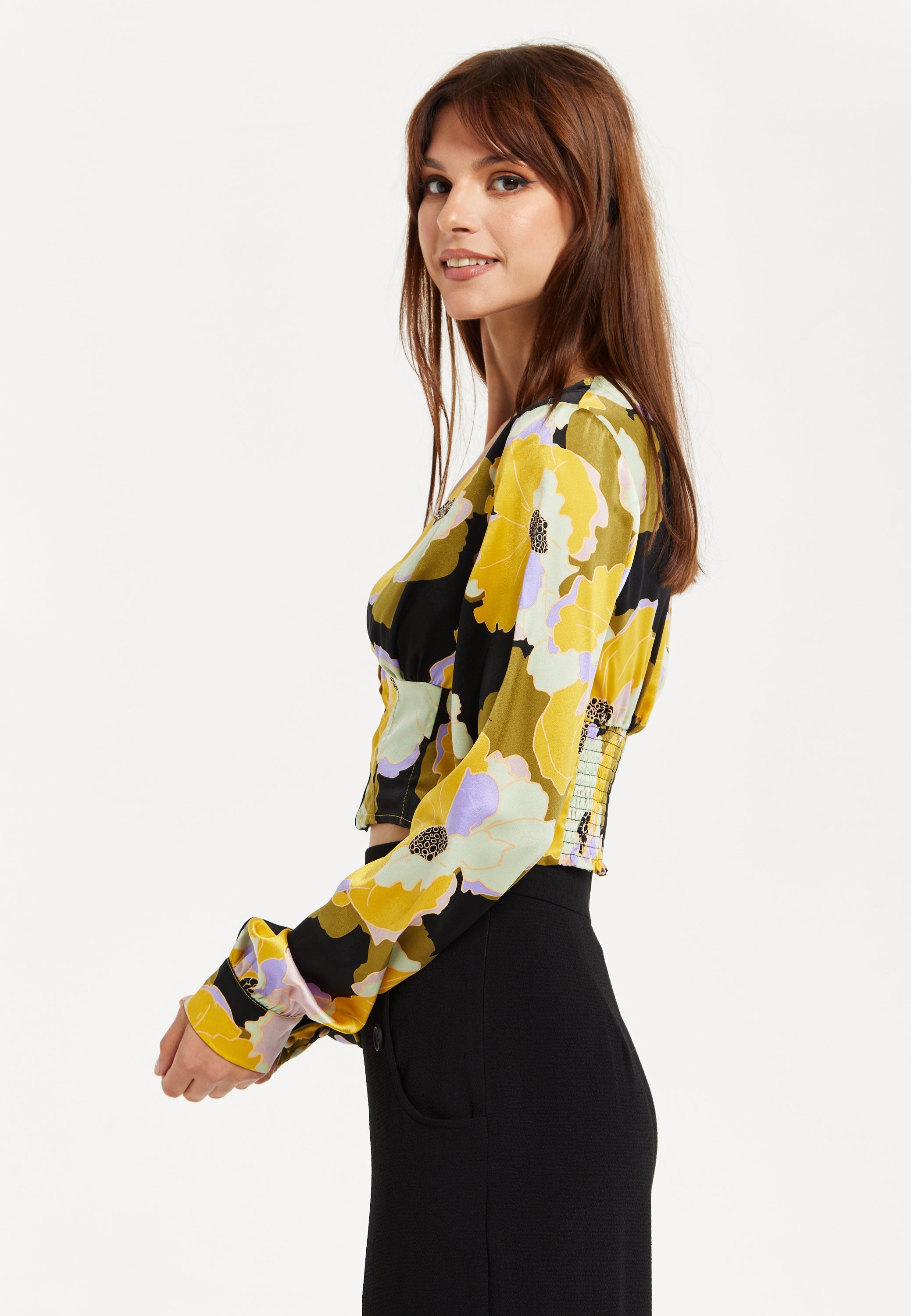 Women's Earth Tone Floral Print Structured Crop Top with Long Sleeves, V-Neckline, and Hook & Eye Fastenings