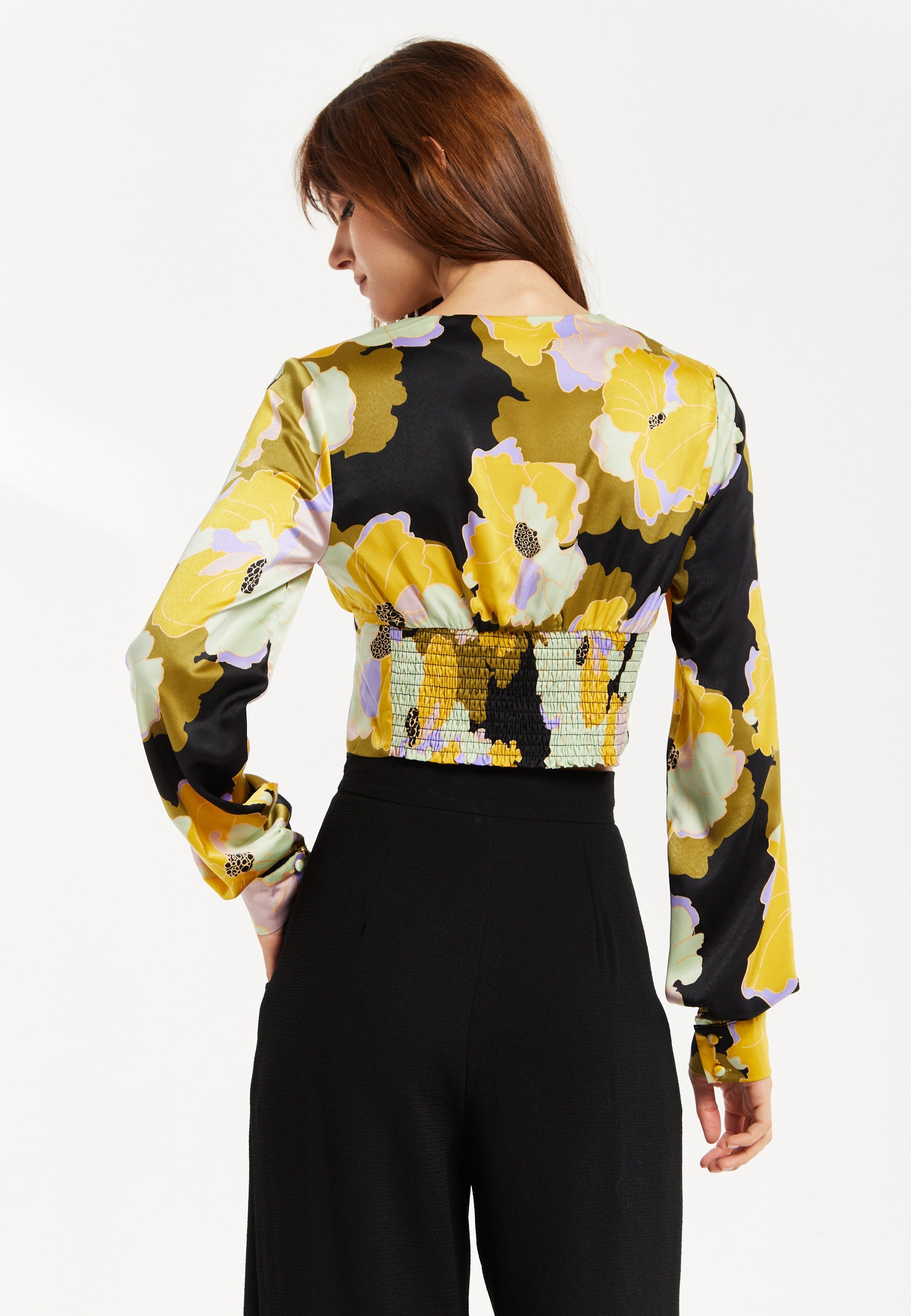 Women's Earth Tone Floral Print Structured Crop Top with Long Sleeves, V-Neckline, and Hook & Eye Fastenings