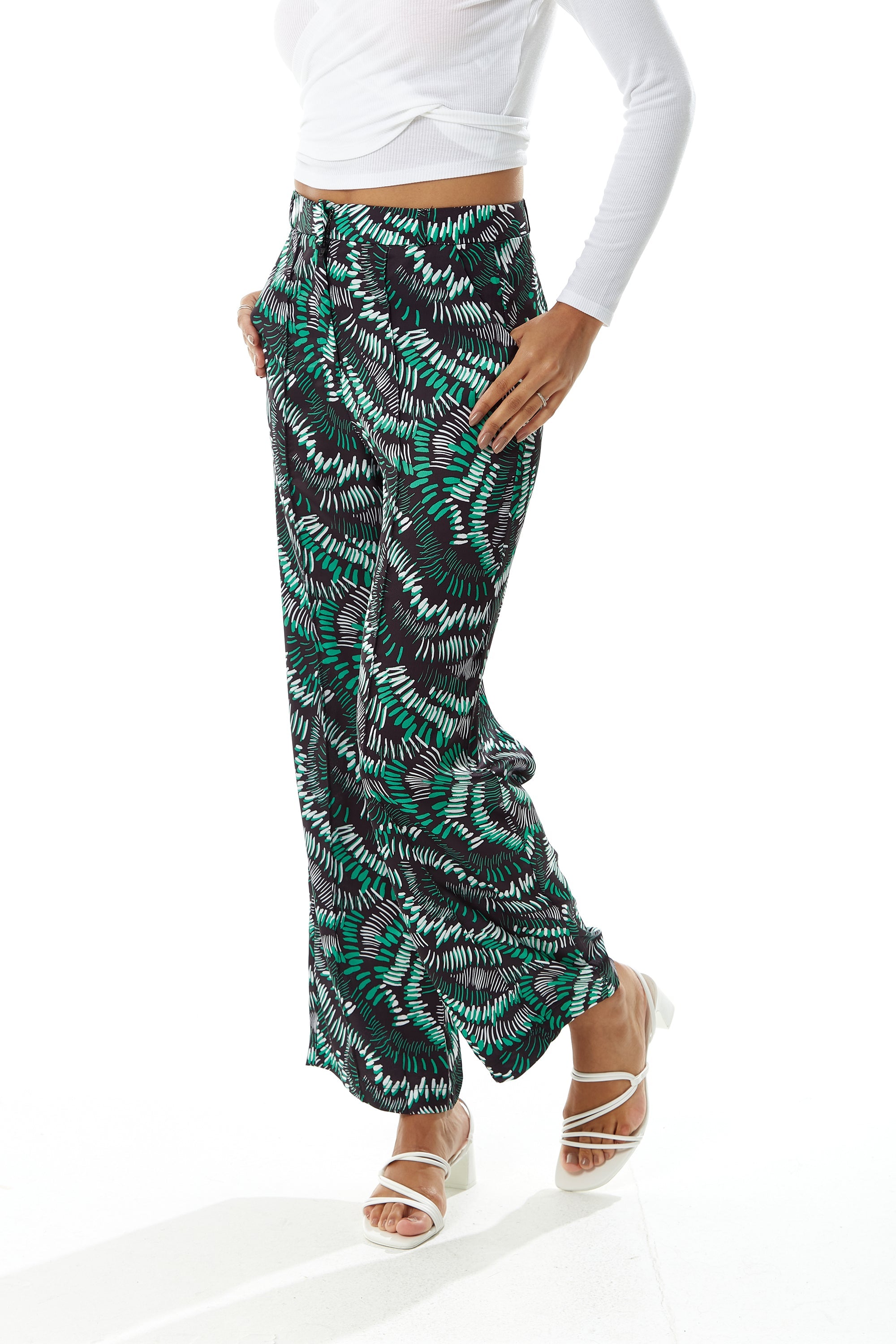 Women's Trousers with Abstract Print in Black, High Rise Wide Leg Style, Front Pockets, Liquorish