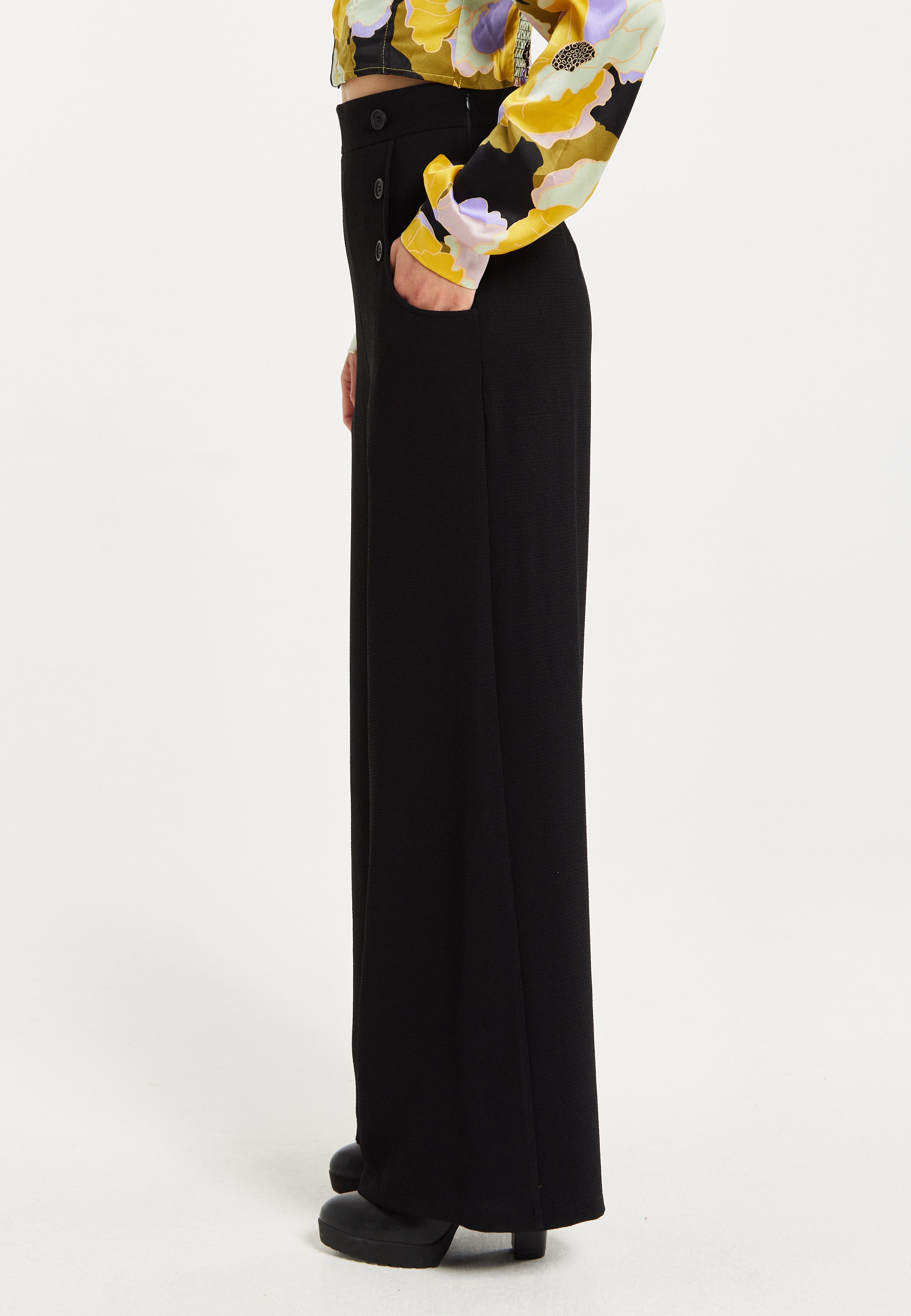 Women's Trousers - High Waist Black Wide Leg Pants with Front Buttons and Pockets, Fits Small to Size, Liquorish
