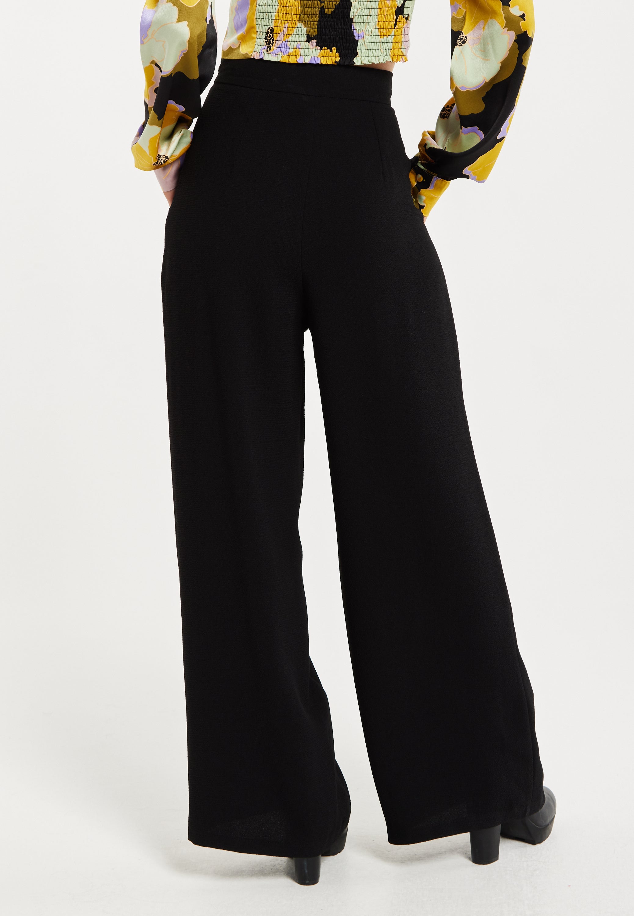 Women's Trousers - High Waist Black Wide Leg Pants with Front Buttons and Pockets, Fits Small to Size, Liquorish