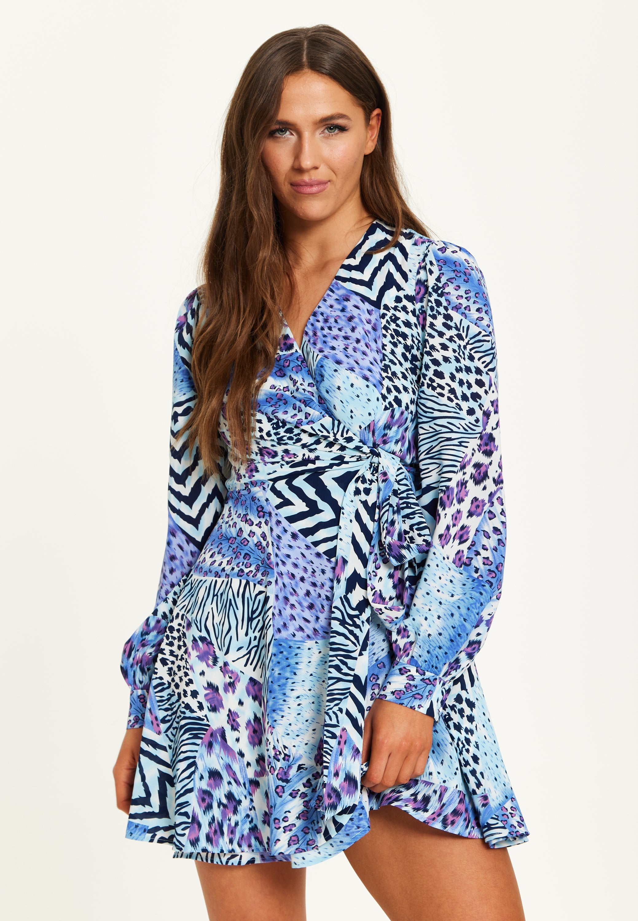 Women's Mini Dress in Blue with Long Sleeves and Mixed Animal Print Wrap Design - Liquorish