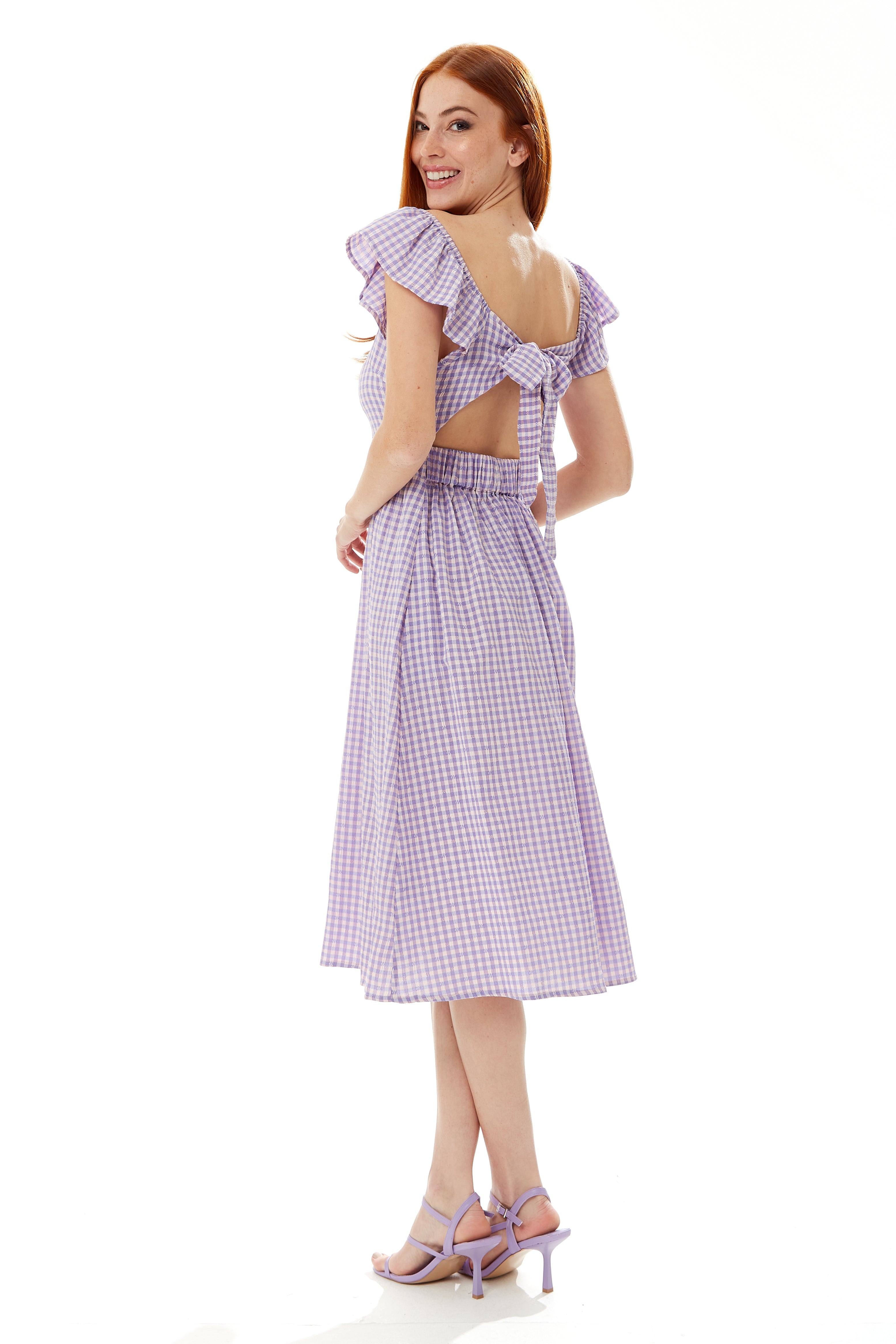 Women's Midi Dress with Frill Sleeves in Lilac Gingham - Stylish Cut Out Back by Liquorish