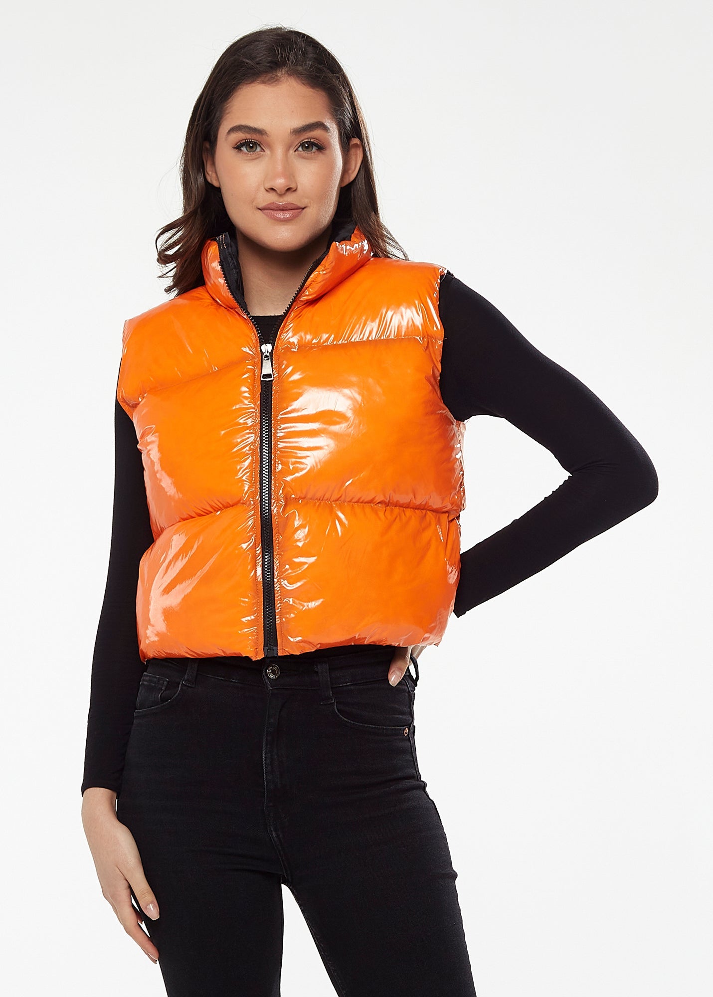 Women's Wet Look Gilet in Orange - Sleeveless, High Neck, Zip Closure, Cropped Fit, Regular Fit, Available in Classic and Bright Colours.