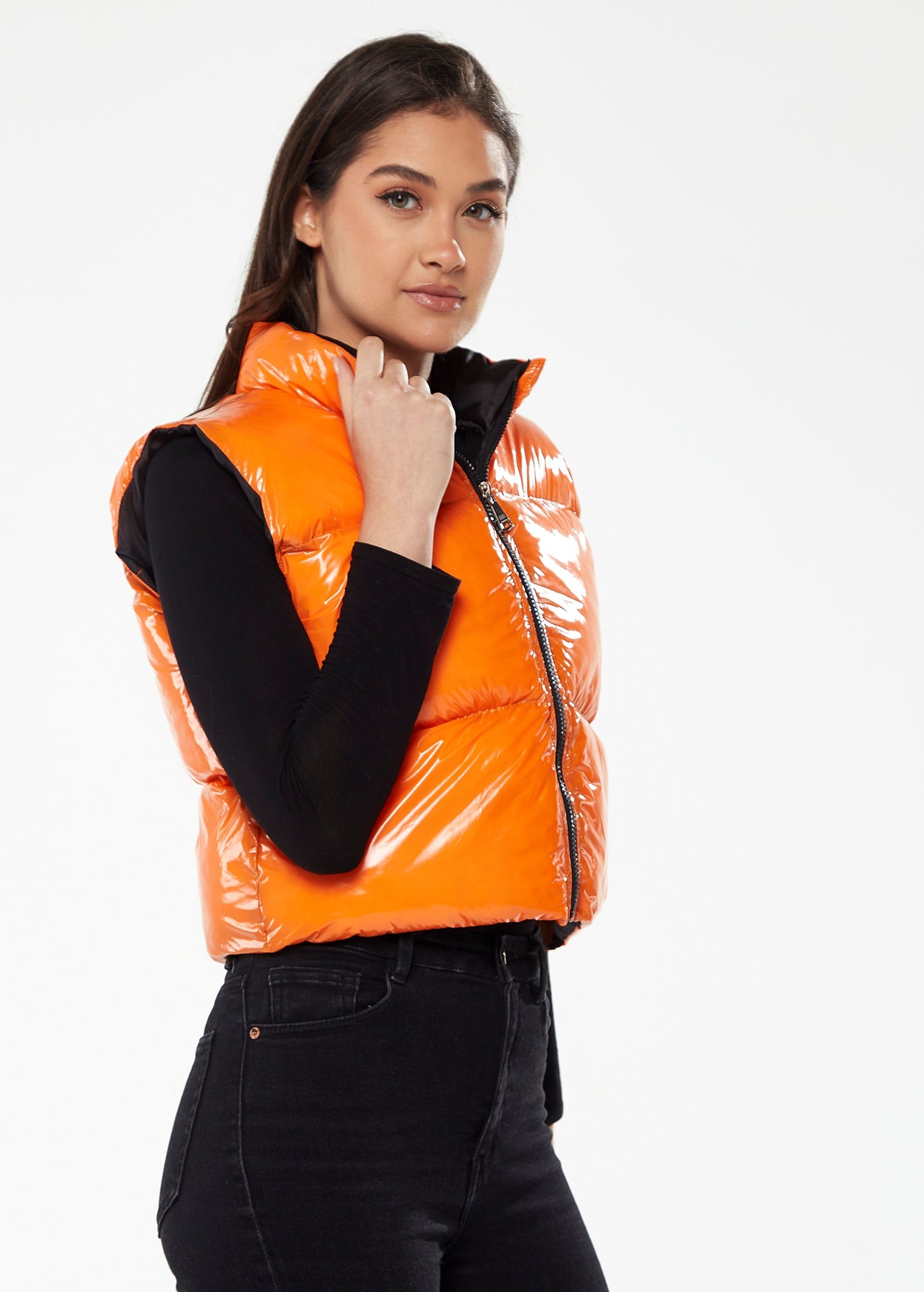 Women's Wet Look Gilet in Orange - Sleeveless, High Neck, Zip Closure, Cropped Fit, Regular Fit, Available in Classic and Bright Colours.