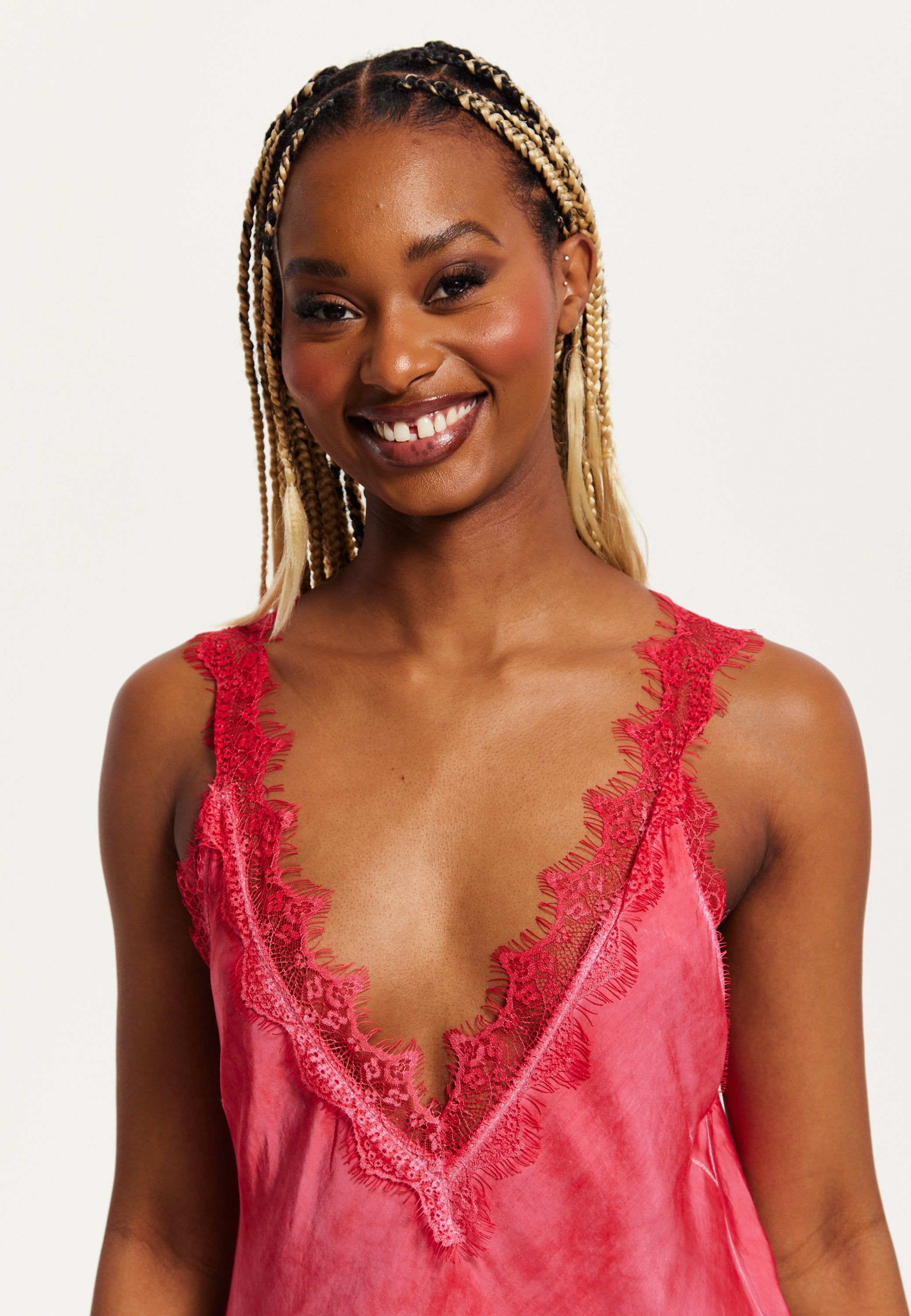 Women's Maxi Dress with Lace Detail and Deep V-Neck in Red, Regular to Loose Fit, Short Sleeves - Liquorish