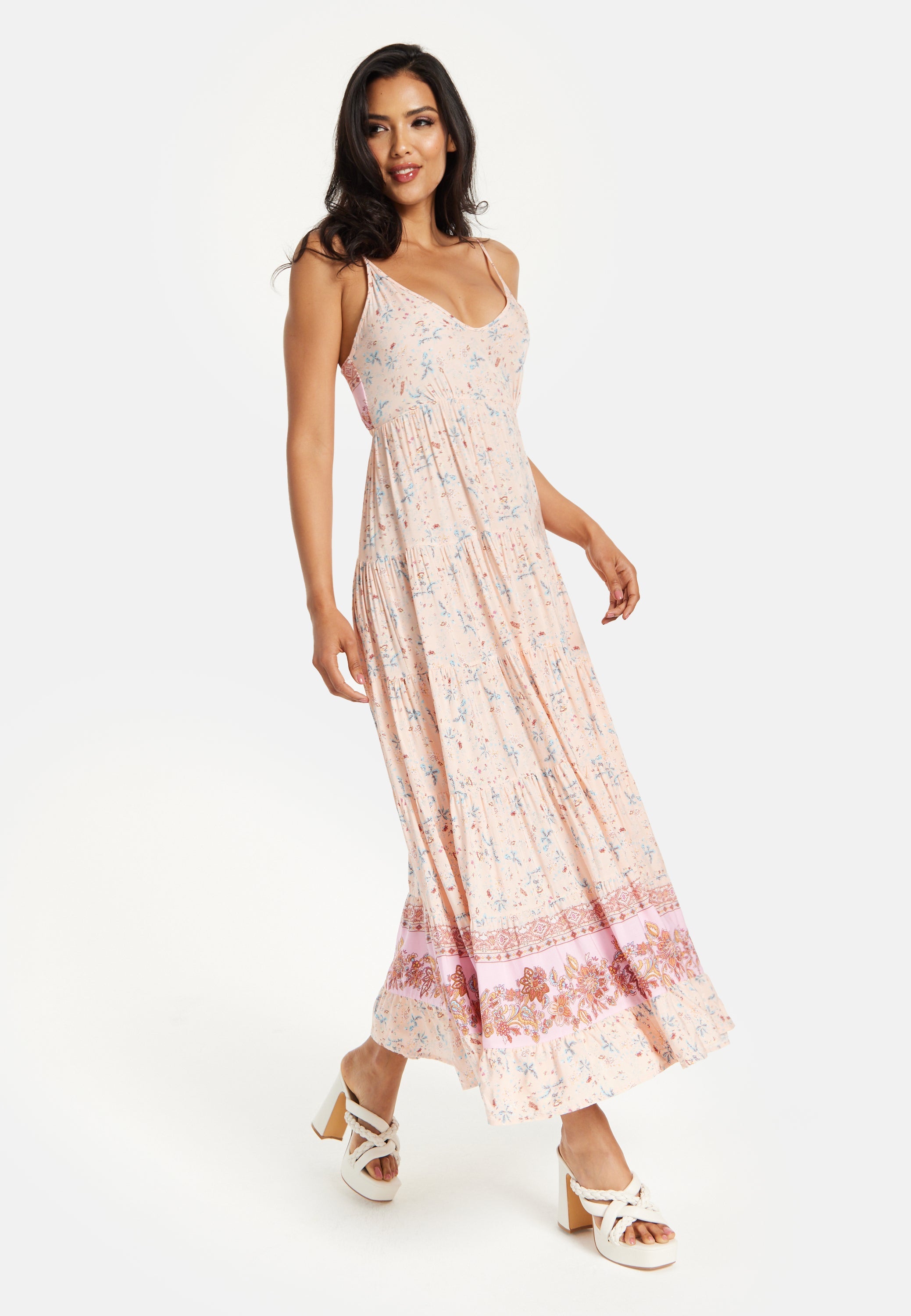 Women's Maxi Dress in Nude Floral Print with Sleeveless Design and Tie Back Detail - Liquorish