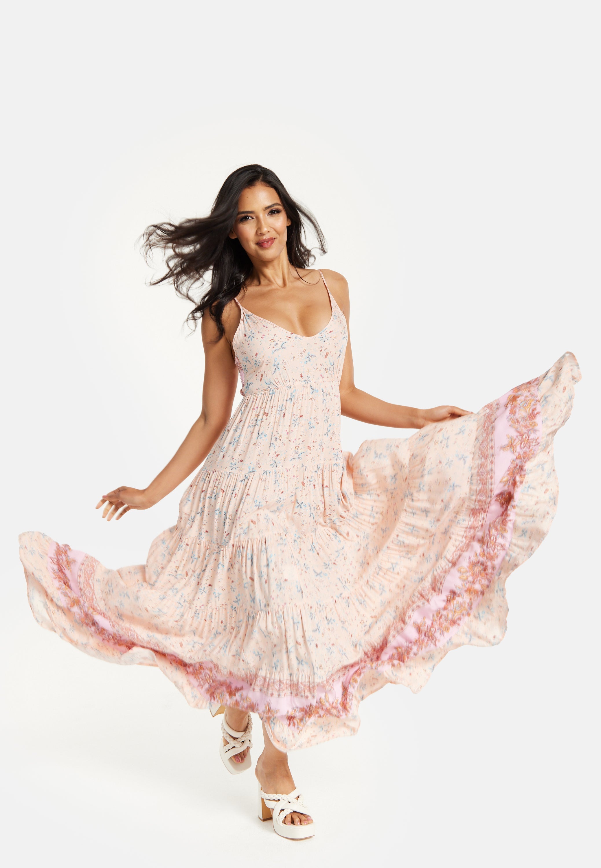 Women's Maxi Dress in Nude Floral Print with Sleeveless Design and Tie Back Detail - Liquorish