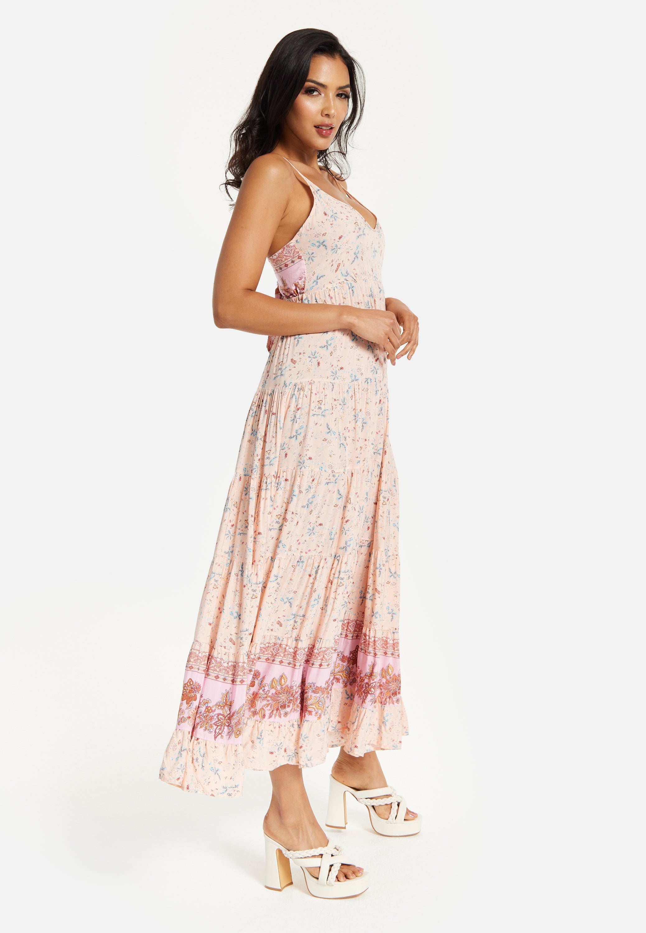 Women's Maxi Dress in Nude Floral Print with Sleeveless Design and Tie Back Detail - Liquorish