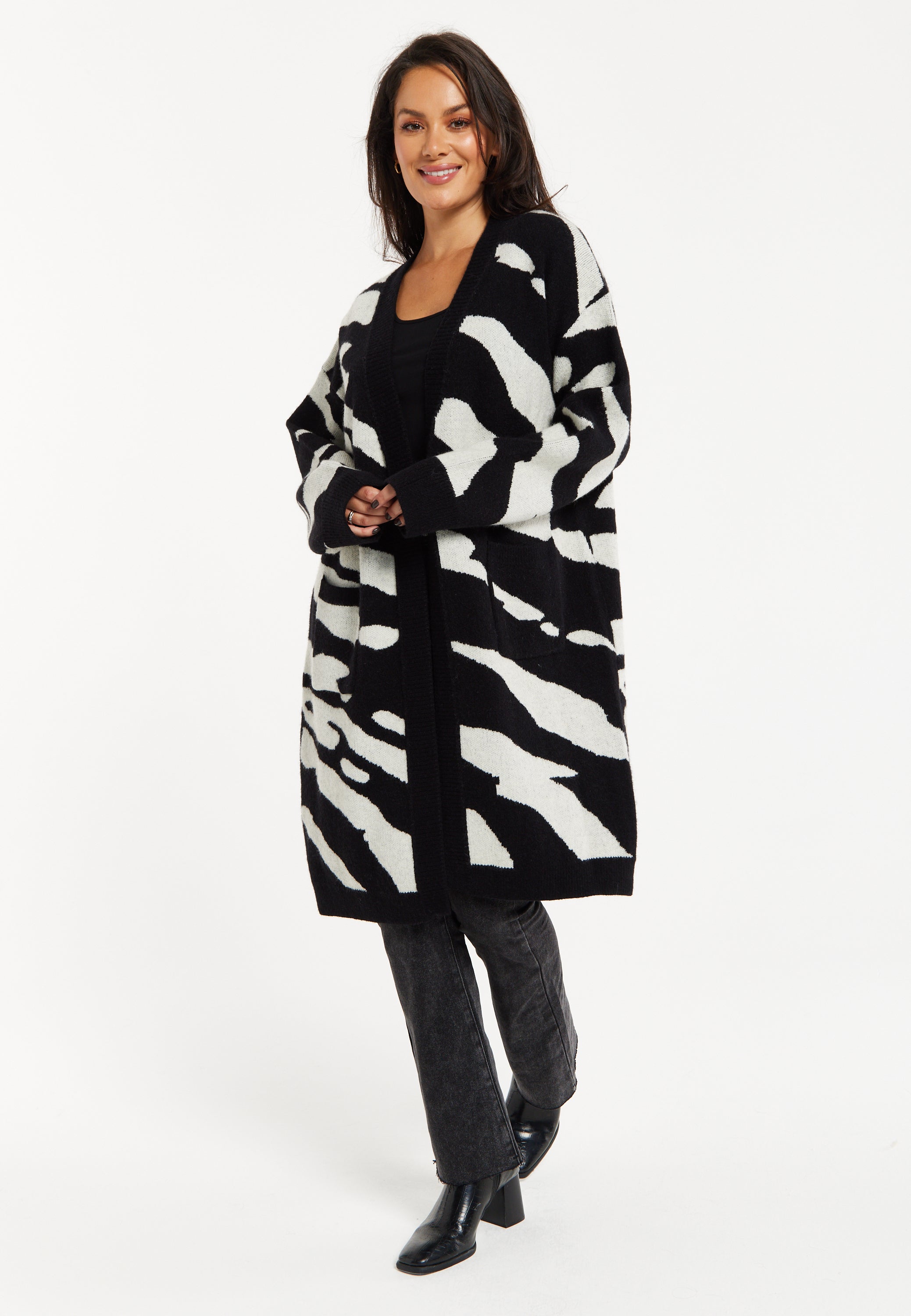 Women's Long Open Cardigan in Multi-Coloured Zebra Print with Oversized Fit by Liquorish