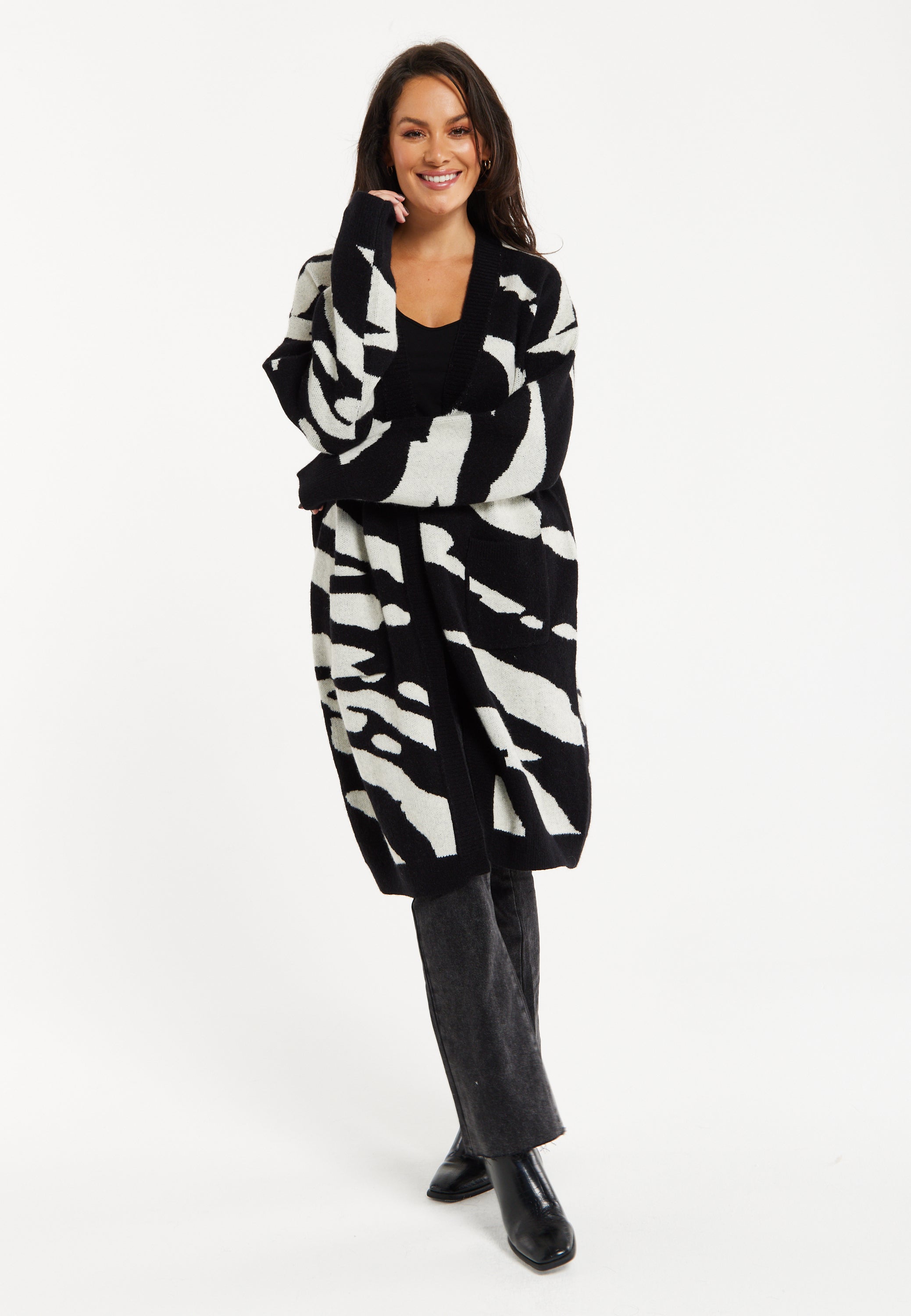 Women's Long Open Cardigan in Multi-Coloured Zebra Print with Oversized Fit by Liquorish