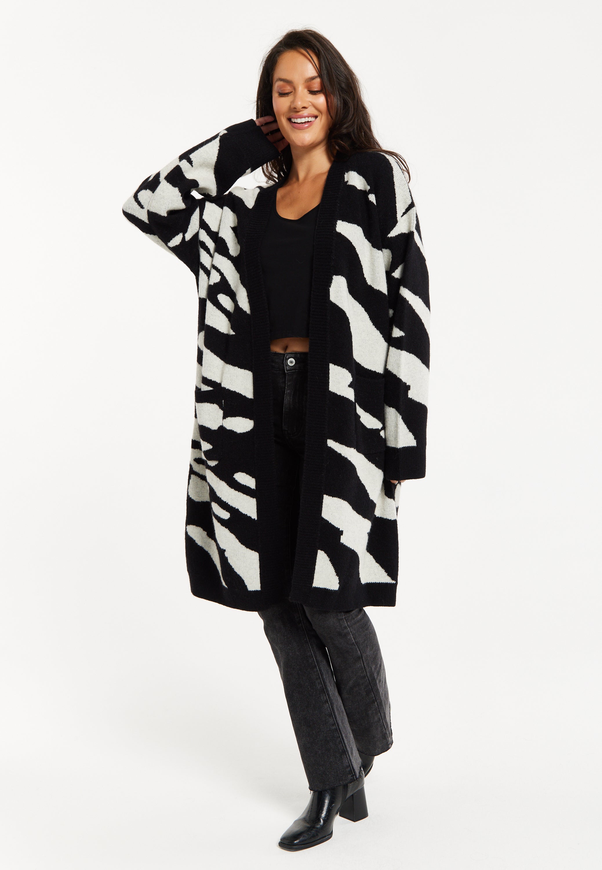Women's Long Open Cardigan in Multi-Coloured Zebra Print with Oversized Fit by Liquorish