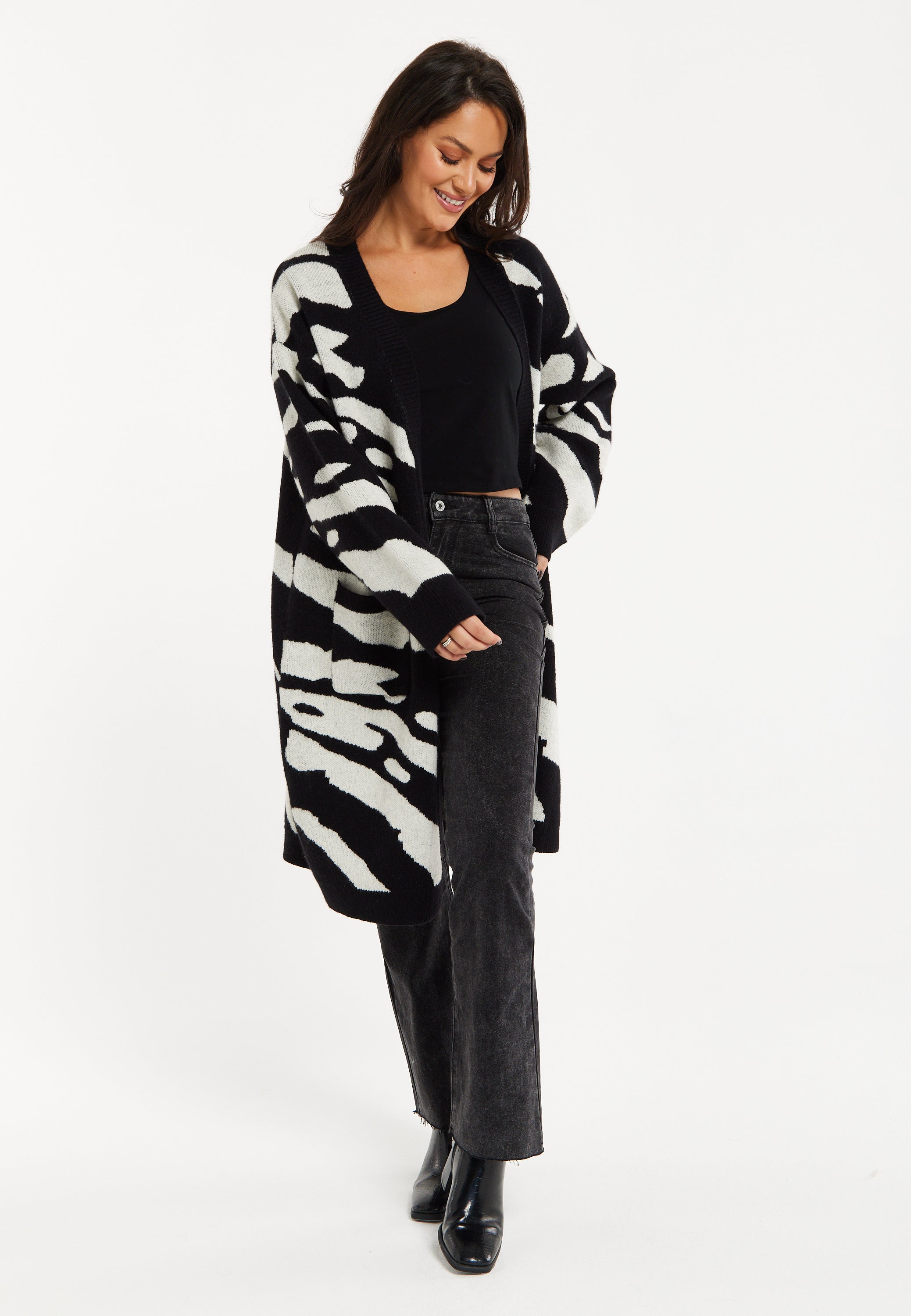 Women's Long Open Cardigan in Multi-Coloured Zebra Print with Oversized Fit by Liquorish