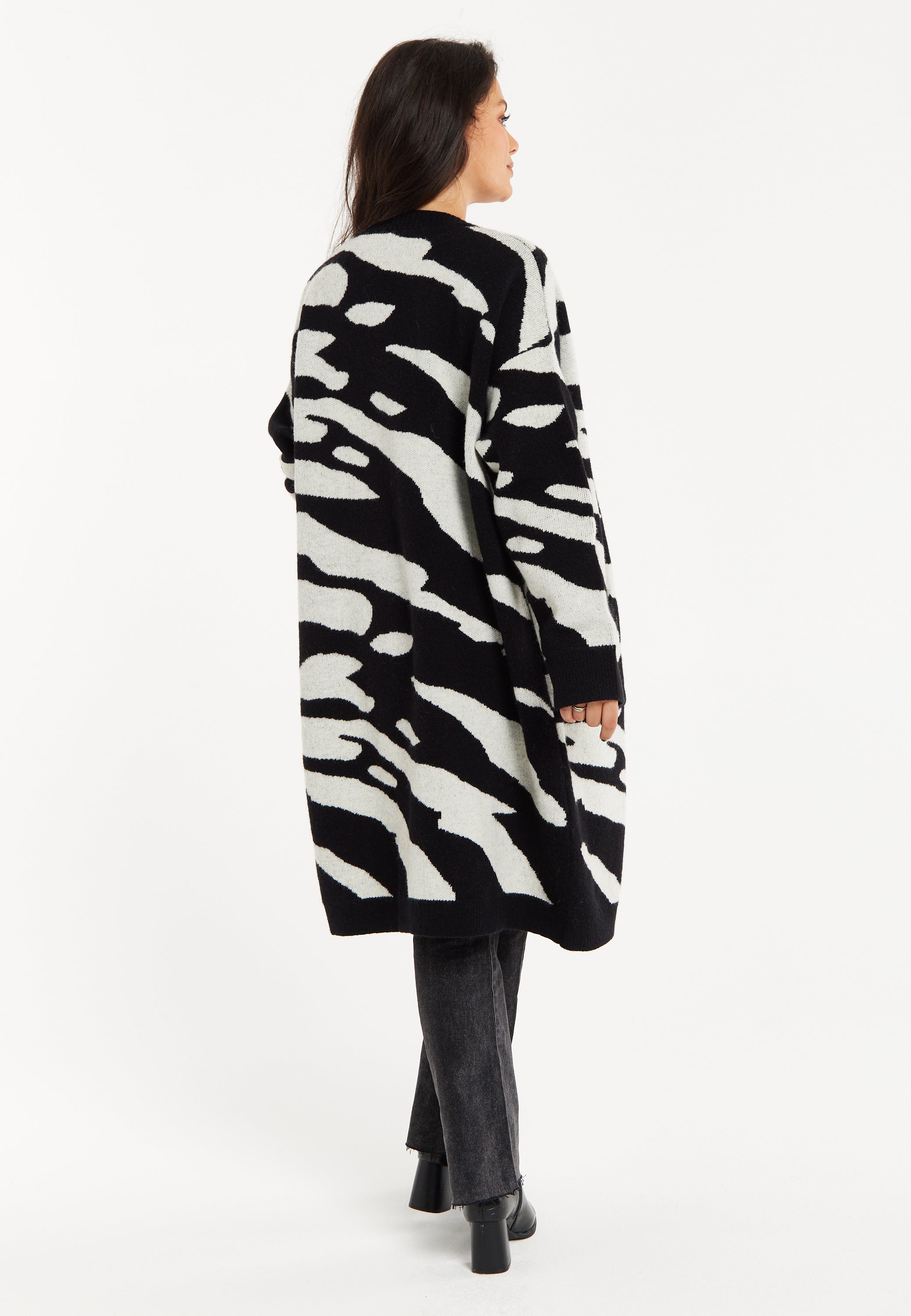 Women's Long Open Cardigan in Multi-Coloured Zebra Print with Oversized Fit by Liquorish