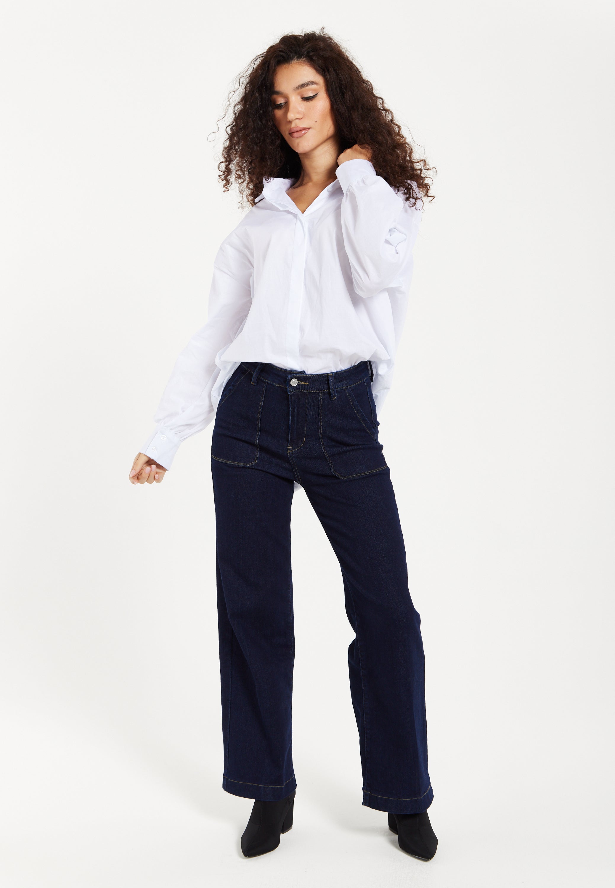 Women's Trousers: High-Waisted Dark Navy Wide-Leg Jeans with Deep Front Pockets, Clean Stitching - Liquorish