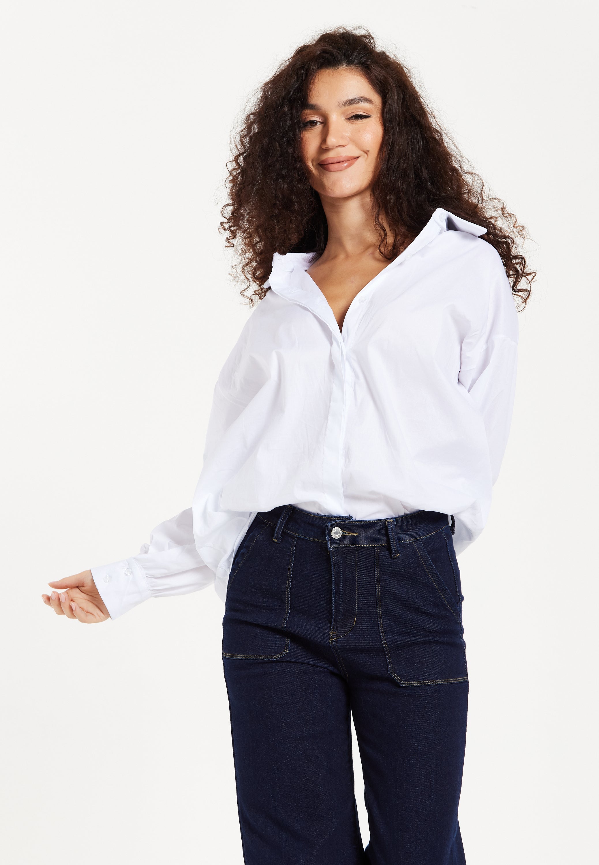 Women's Oversized Long Sleeve White Button-Down Shirt with Classic Collar and Concealed Buttons for Effortless Style