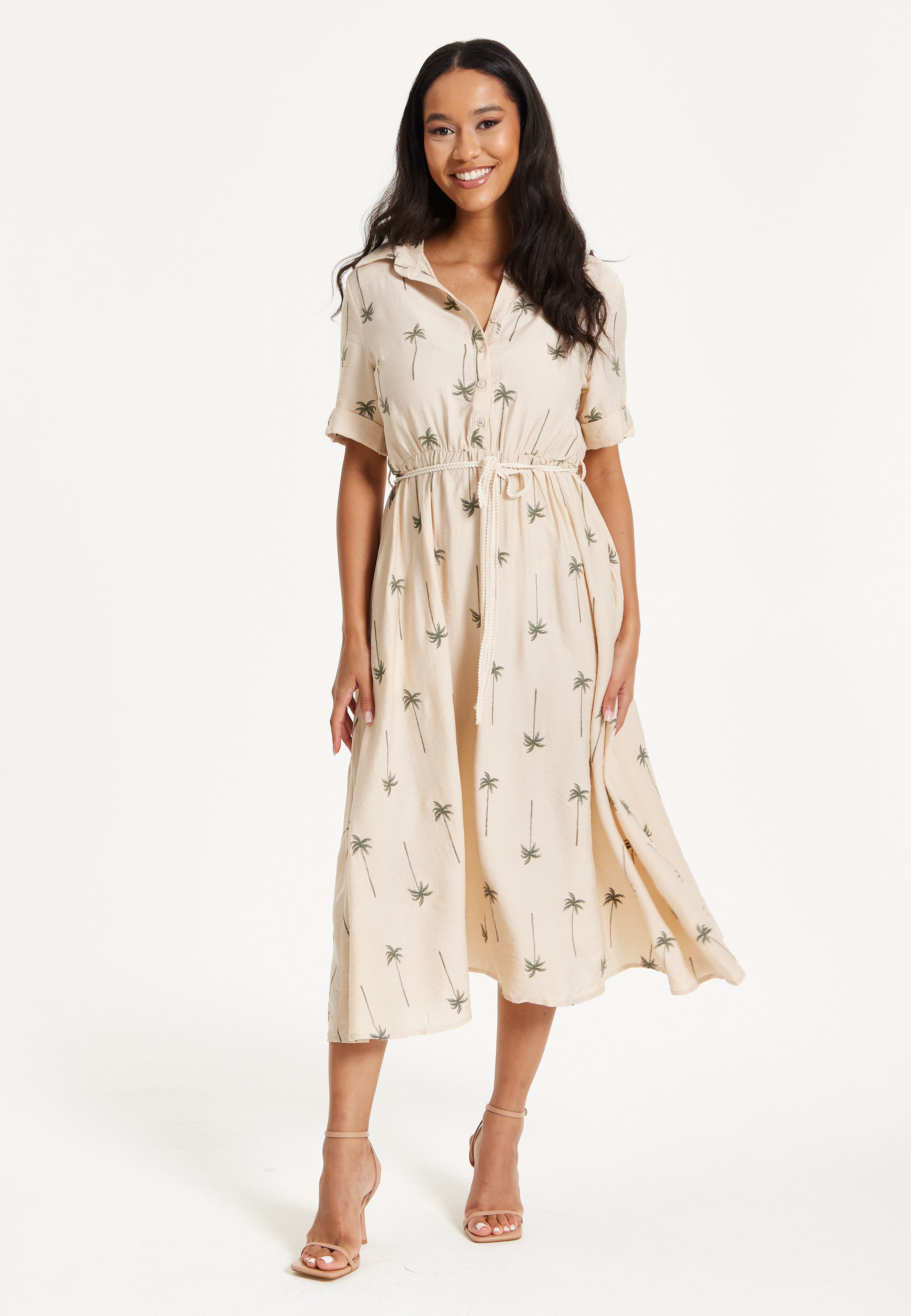 Beige Palm Print Shirt Midi Dress