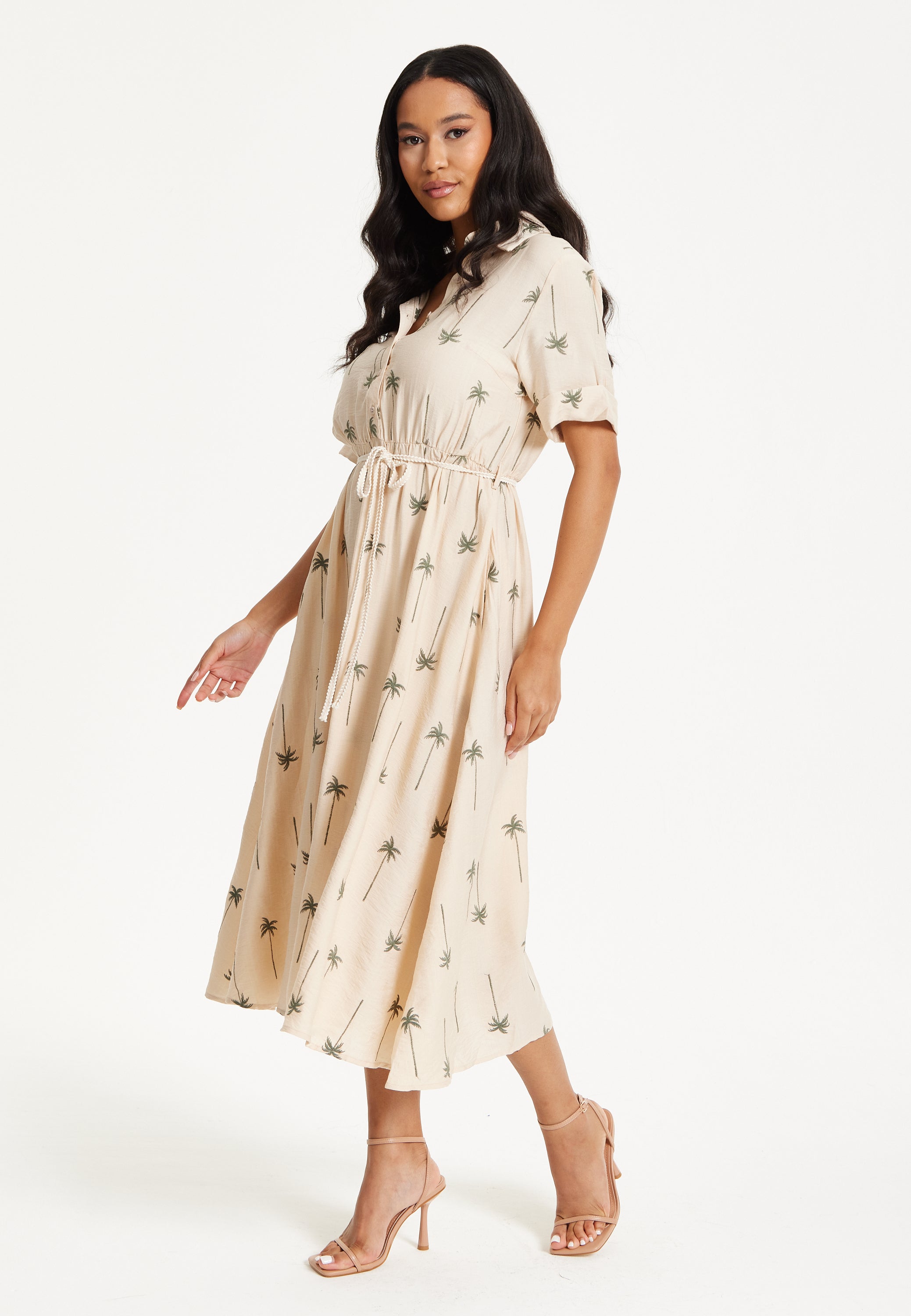 Beige Palm Print Shirt Midi Dress